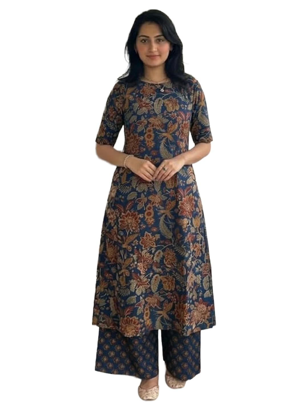 ANNI Designer Women's Viscose Blend Straight Printed Kurta with Palazzo | Elbow Length Sleeve Kurti Set | Close Neck with Back Slit | Soft Comfortable Fabric | 2 Piece Outfit