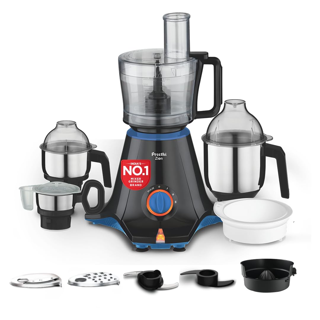 Preethi Zion MG-227 mixer grinder 750 watt Black, 4 jars – master chef food processor jar and flexi lid, Vega W5 motor with 2yr Guarantee & Lifelong Free Service, Standard