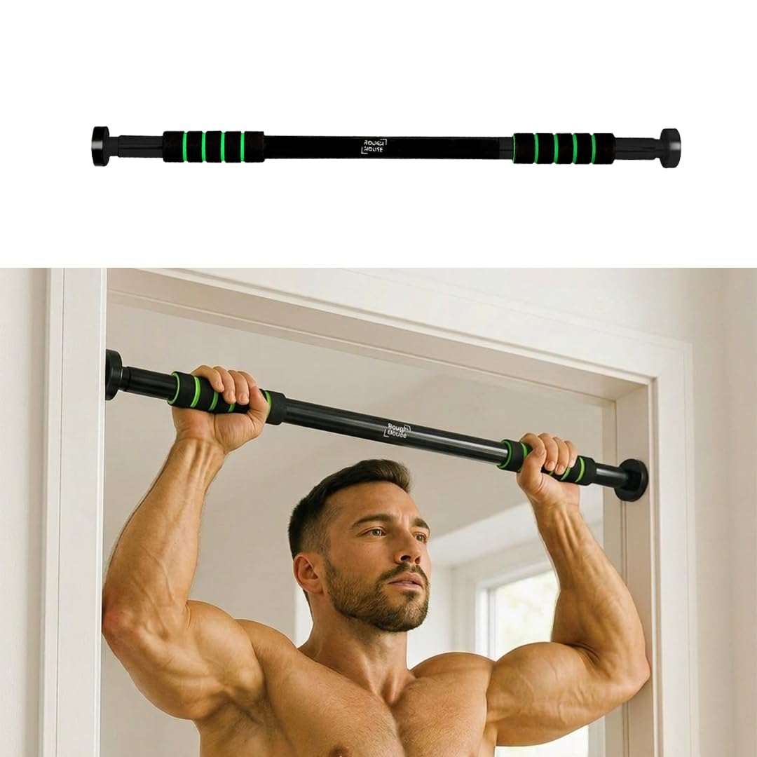 Roughhouse Pull Up Bar for Home Workout | No Screw Doorway Chin Up Bar | 100 KG Capacity | Adjustable 62–82 CM | Height Increase Bar for Men, Women & Kids | Anti-Skid Foam Grip