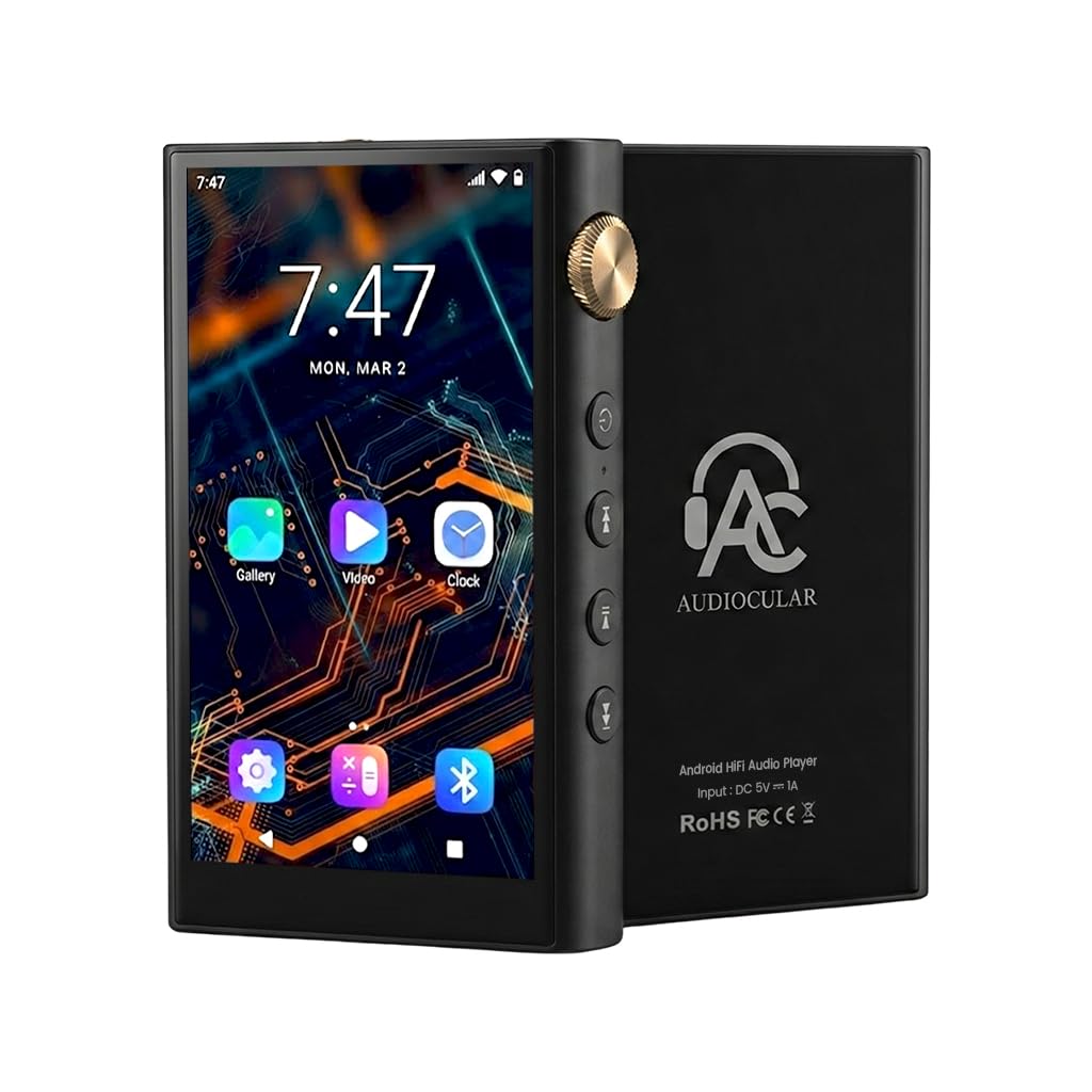 AUDIOCULAR Nexus Portable Hi-Res DAP, Android Digital Audio Player, Dual ESS9018Q2M DAC, 3.5mm & 4.4mm Balanced 500mW, DSD512, Bluetooth 5.0 with LDAC, Mp3 Player (Black (32GB Memory))