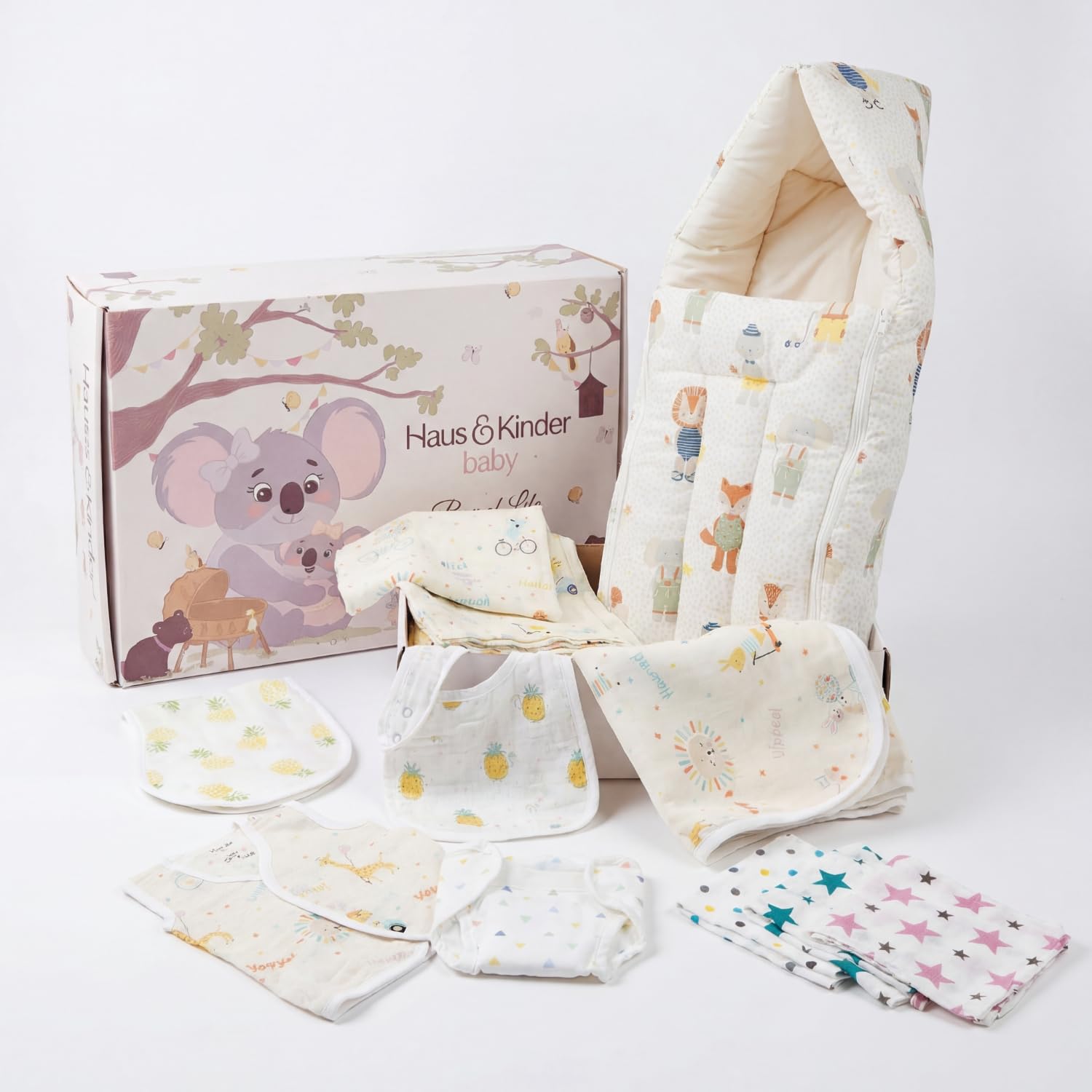 haus & kinder Newborn Baby Gift Set (Pack of 10) | 100% Cotton New Born Baby Essentials Kit with Swaddle, Muslin Blanket, Carrier Nest | Jungle Edition