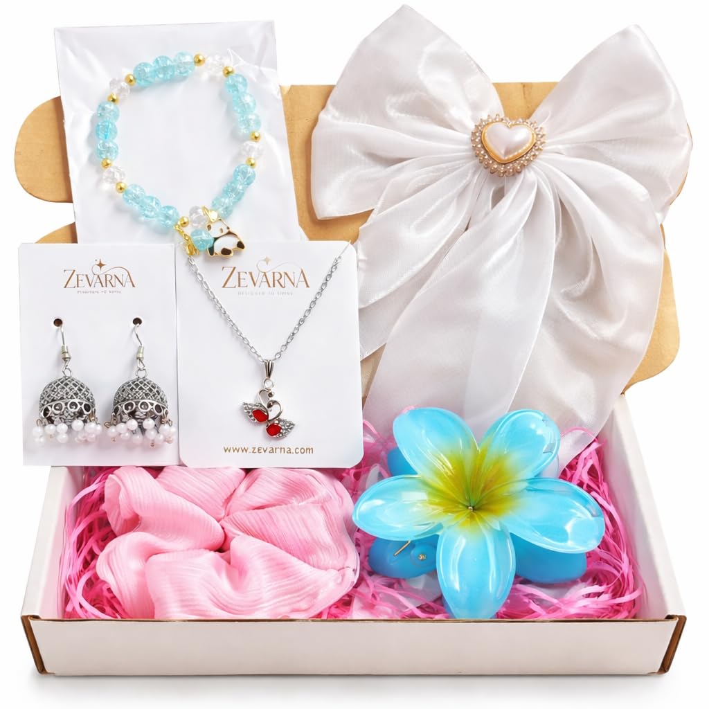 Gift Hamper for Woman & Girls Under 300 | Cute Accessories Gift Set with Earrings, Bracelet, Necklace & Scrunchie | Birthday Gift for Girlfriend, Sister, Teen Girls | Kitty Party Return Gifts | Set of 6 Items – Perfect For Rakhi Gift | Random Colors and Designs for Surprise