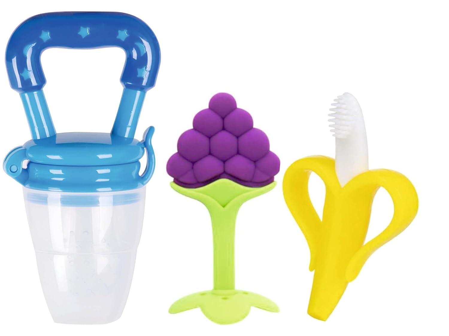 Baby Banana Teether,Grapes Teether & Fruit Feeder Combo – Safe & Soft Teething Relief & Oral Care Perfect for Newborn Toddlers & Infant Baby – Pack of 3 (Blue GRP)