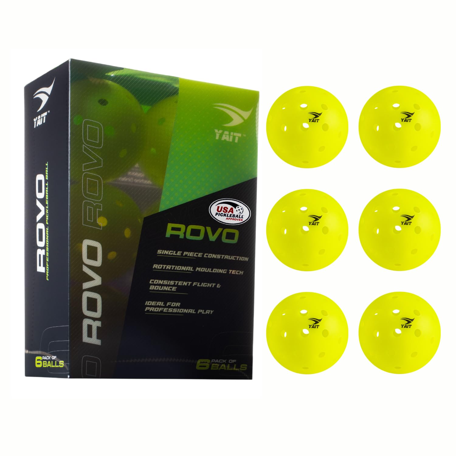 YAIT Rovo USAPA Approved Pickleball Ball (Pack of 6) | 40 Hole Outdoor Ball for Tournament Play | Single Piece Rotational Molded | High Performance PP Material, Advanced Aerodynamics | Green Colour