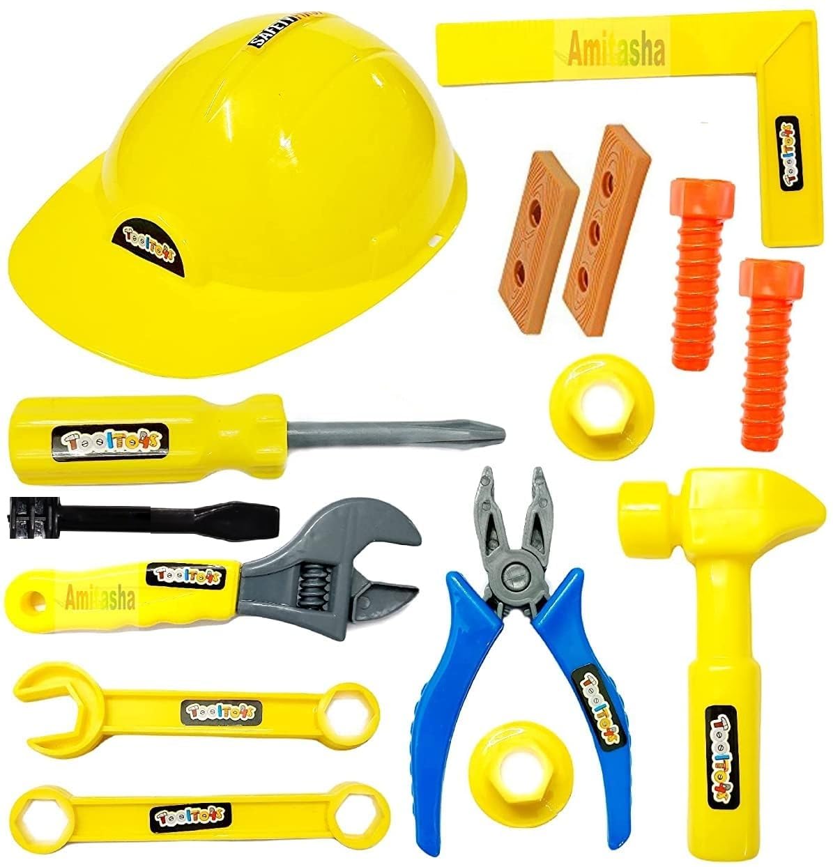 Amitasha Mechanics Helmet Tools Kit Toys for Kids Pretend Play Construction Toy for Boys Girls 3 4 5 6 Years Old Automobile Toolkit for Kids – (Pack of 12 Tools)