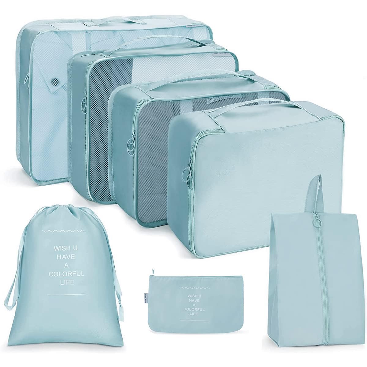 TS WITH TECHSUN Travel Organizer 7 in 1 Travel Laundry Cosmetics Luggage Packing Organizers Set Makeup Bags Organizer Packing Cubes with Shoe Bag for Travel, Nylon (Light Blue)