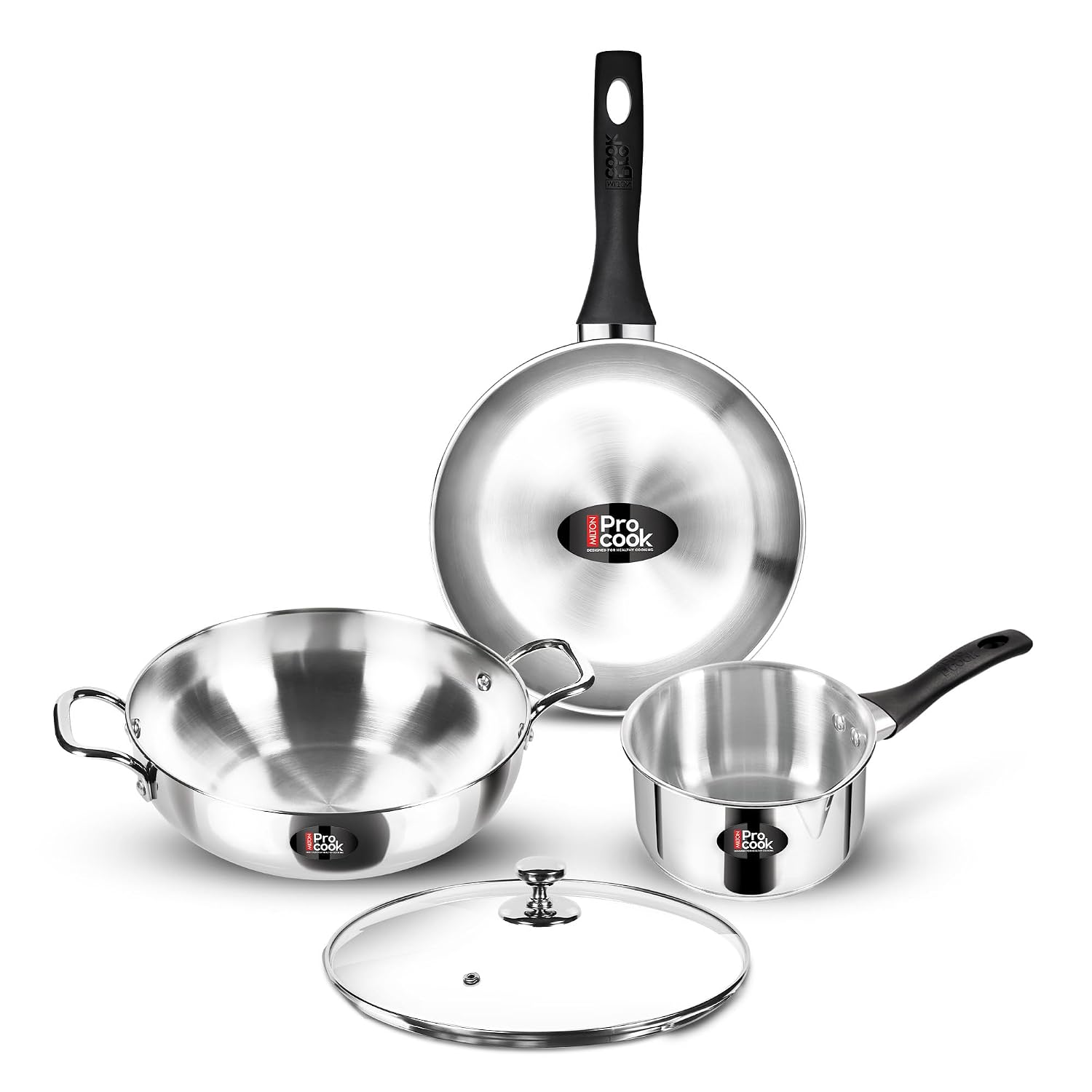 Milton Pro Cook 3-Layer Thick Triply Bottom I Induction Cookware & Gas Stove Friendly Stainless Steel 4 Pc Kitchen Set | Kadhai with Lid | Cooking Pan | Sauce Pan | 2Y Warranty