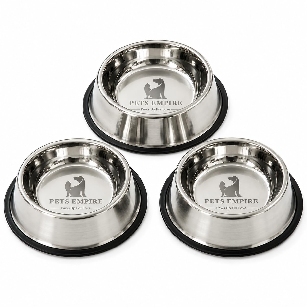 ETS Empire Dog & Cat Bowls Stainless Steel, Pack of 3, Anti-Skid Feeding Bowls for Food & Water, Heavy Duty Metal Pet Bowl, Rust Proof, Dishwasher Safe for Puppies, Cats & Dogs (3, 200, Milliliters)