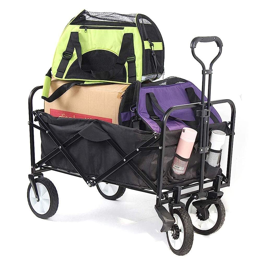Collapsible Folding Wagon Cart, Heavy Duty Utility Beach Wagon Cart with Wheels Foldable, 220LBS Large Capacity Foldable Grocery Wagon for Camping Garden Shopping Sports, Black