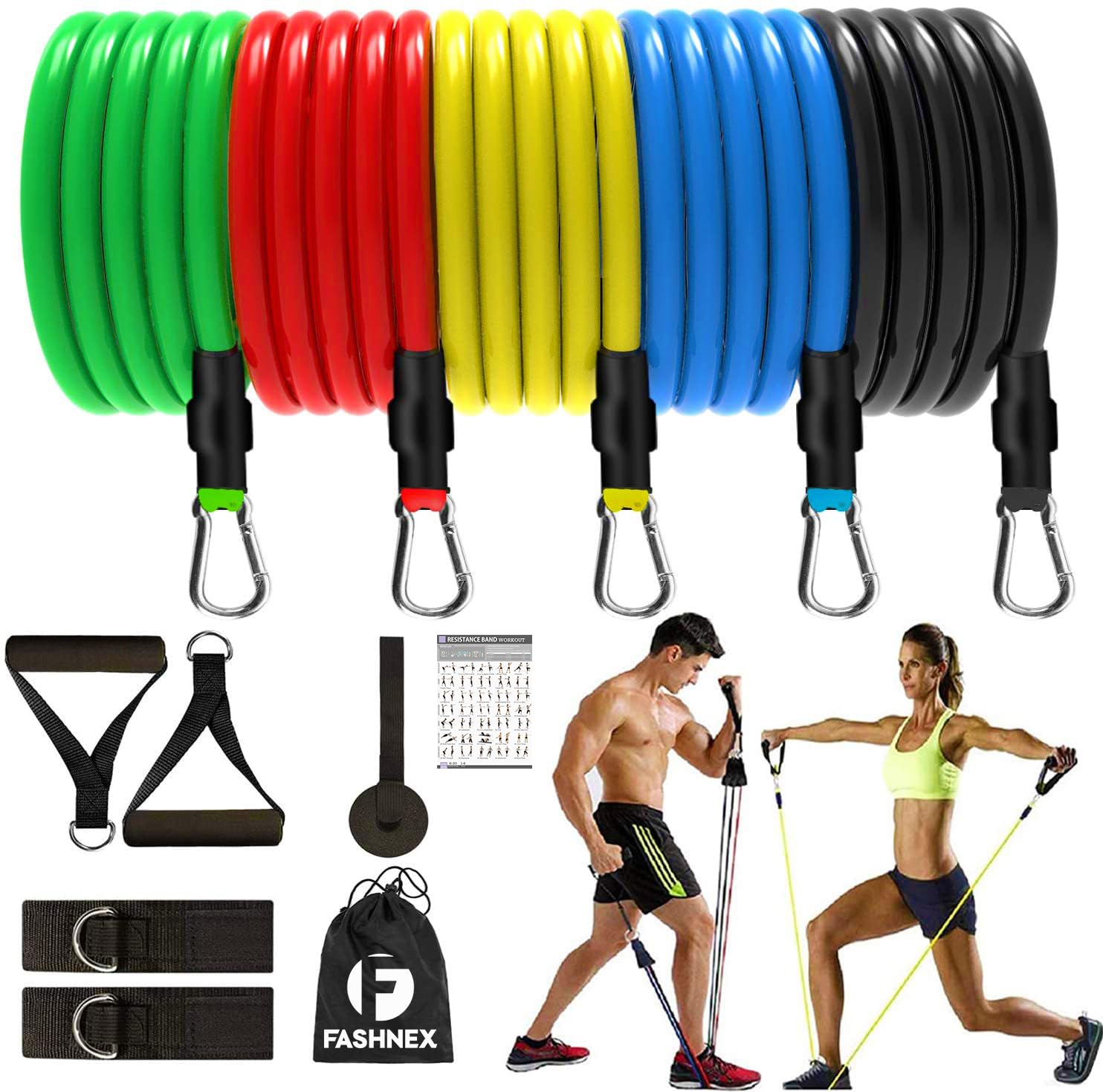 Fashnex Resistance Bands Set for Exercise, Stretching and Workout Toning Tube Kit with Foam Handles, Door Anchor, Ankle Strap and Carry Bag for Men, Women (100LB)