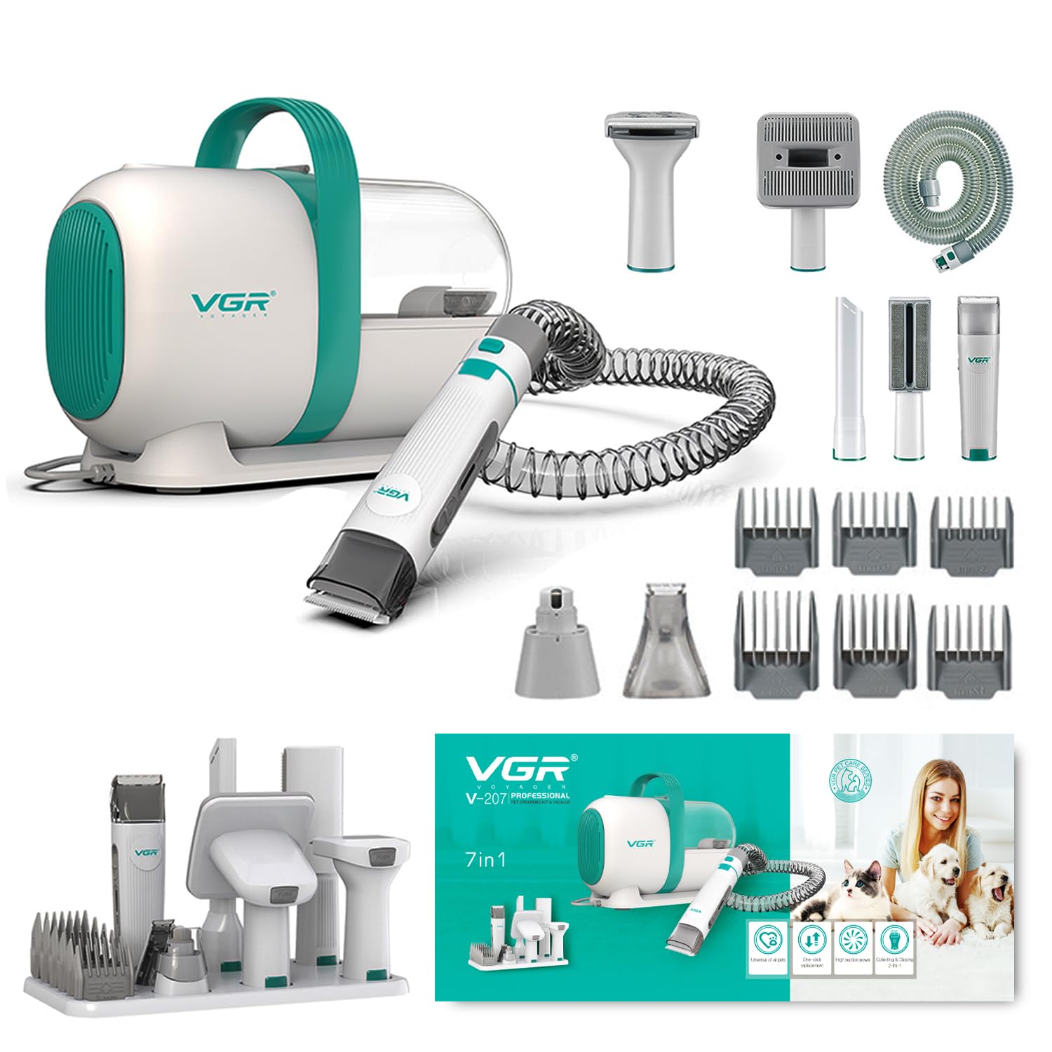 VGR V-207 Professional 7-in-1 Pet Grooming Kit & Vacuum with High Suction Power, Rechargeable Pet Clipper with 180 Minutes Use | Complete Grooming Solution for Dogs and Cats (300 Watts, White)