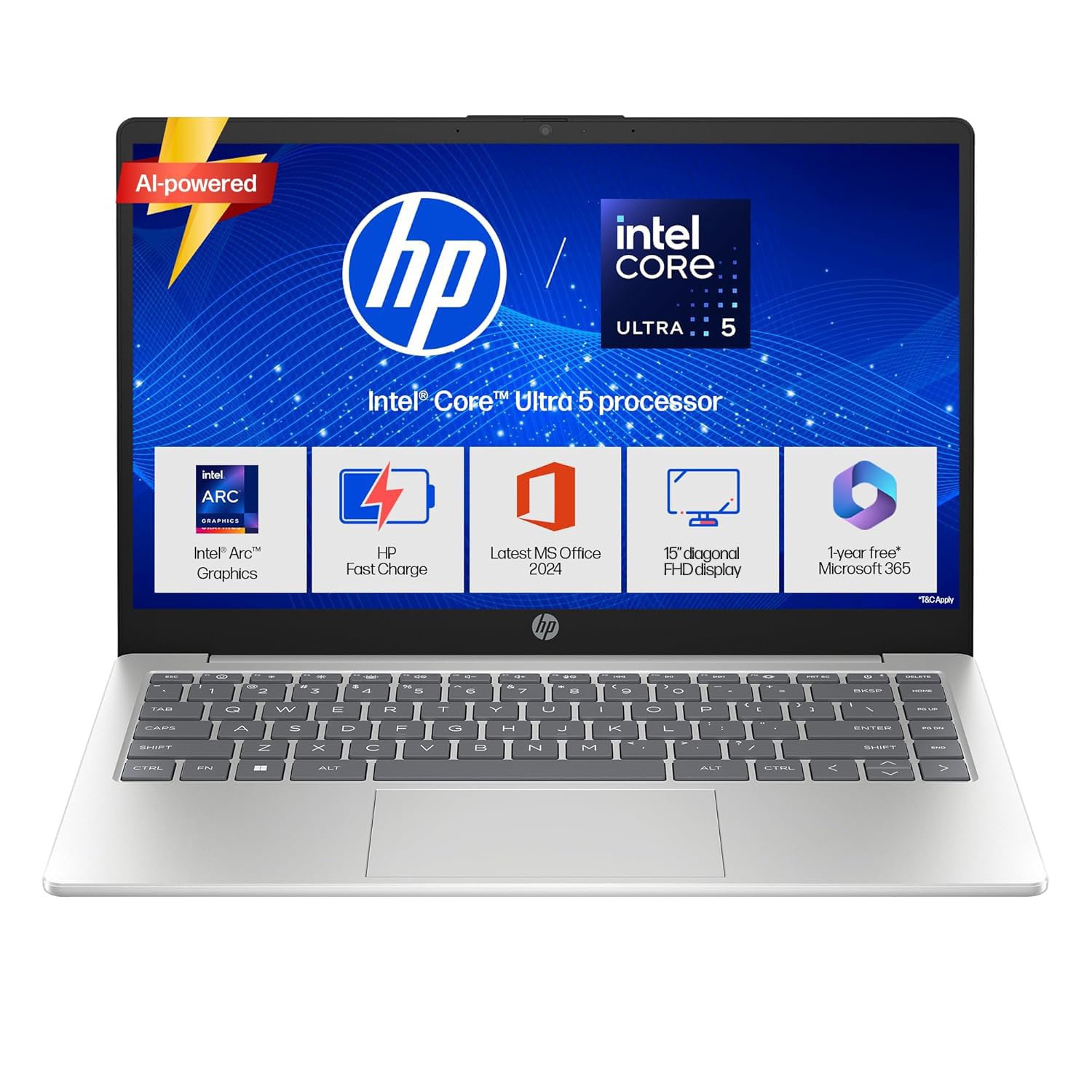 HP 15 Smartchoice, Intel Core Ultra 5 125H 12 TOPS, 24GB DDR5 (Upgradeable) 1TB SSD,Anti-Glare, FHD, 15”/39.6cm,Win11, M365*Office24, Silver, 1.65kg, FD1458TU, FHD Camera w/Shutter, Backlit AI Laptop