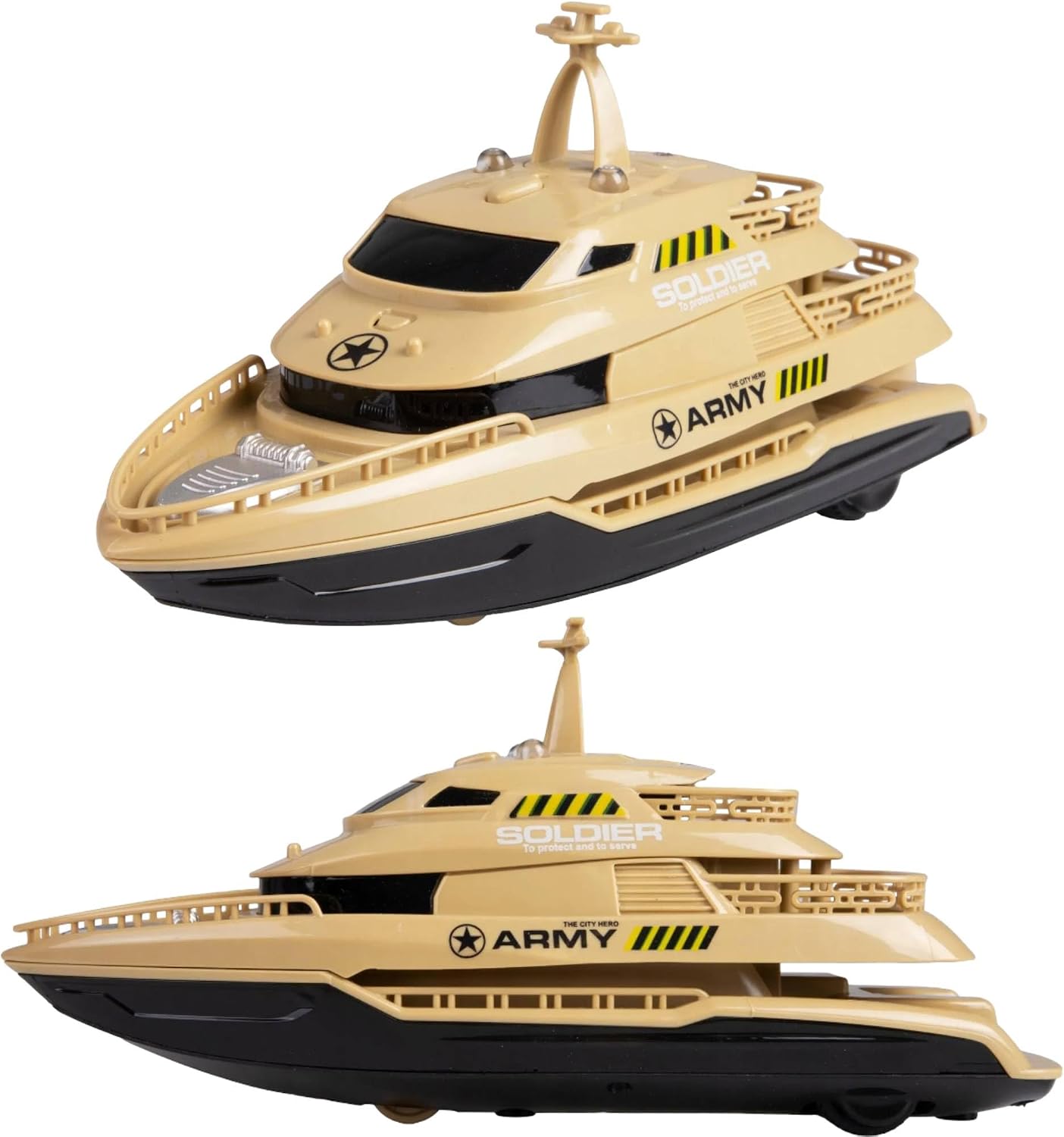 SHAKTISM Military Rescue Yacht Toy Boat for Kids, Light & Music, Friction Powered, 1:20 Scale, ABS Plastic, Beige & Black, Age 3+