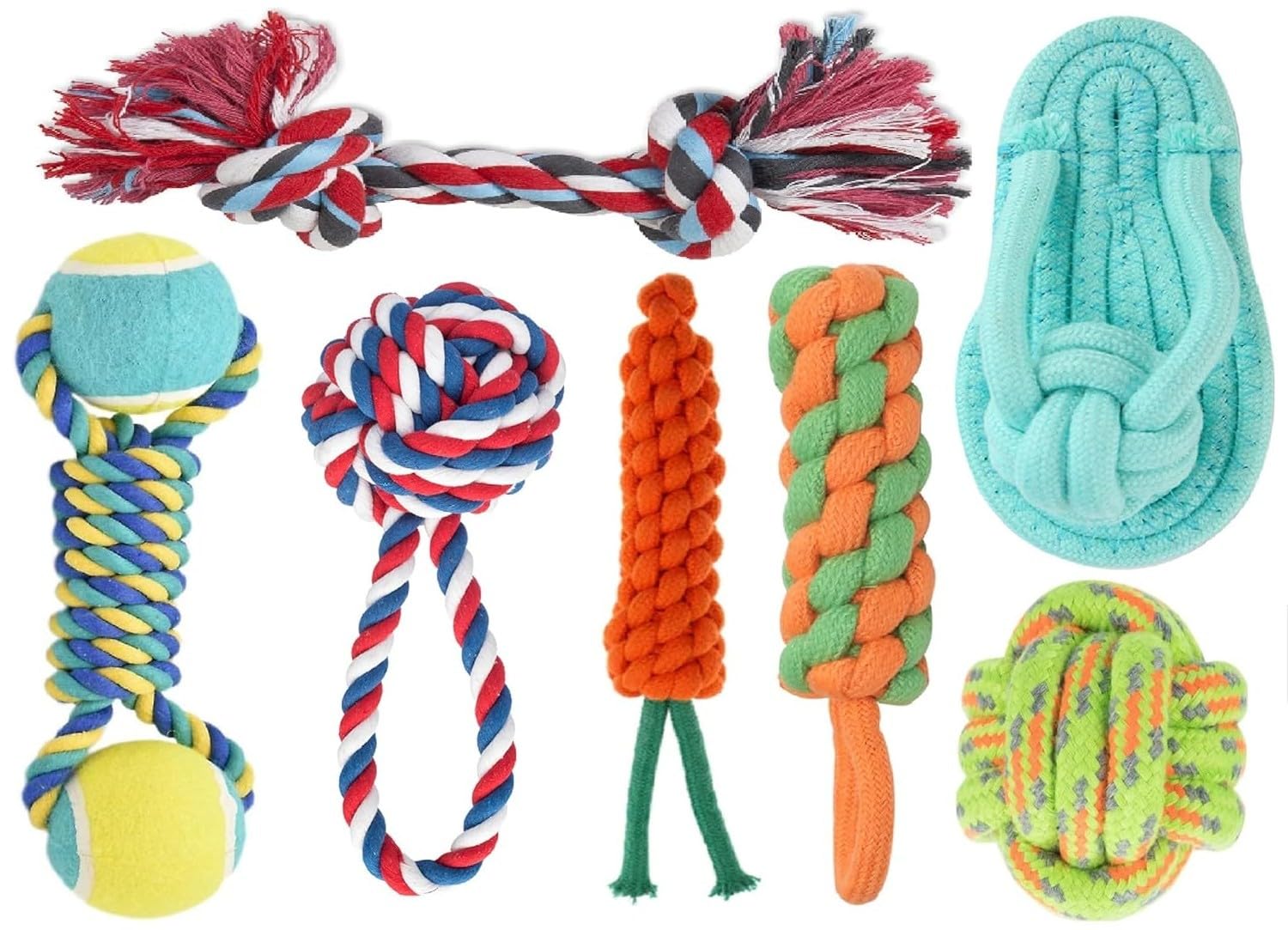 Dog Rope Toys + Chew Toys, Combo Pack of 7 (Color May Vary)