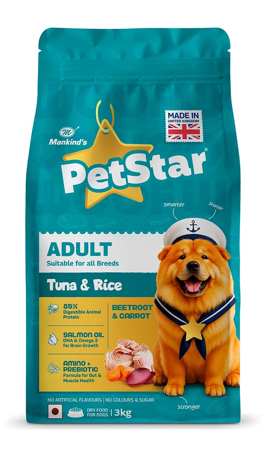 Petstar Adult Dry Dog Food 3 kg, Tuna & Rice Formula, High Protein, Easy Digestion, Immunity Support, No Artificial Flavours or Added Sugar