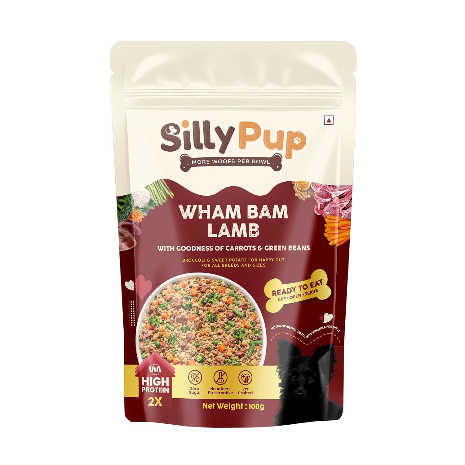 Silly Pup Wham Bam Lamb | Premium Cooked Wet Dog Food | Real Lamb, Red Lentils & Vegetables | Turmeric, Brewer’s Yeast & Flaxseed | Lab Tested | No Preservatives | Vet Crafted (1 Pouch – 100g)