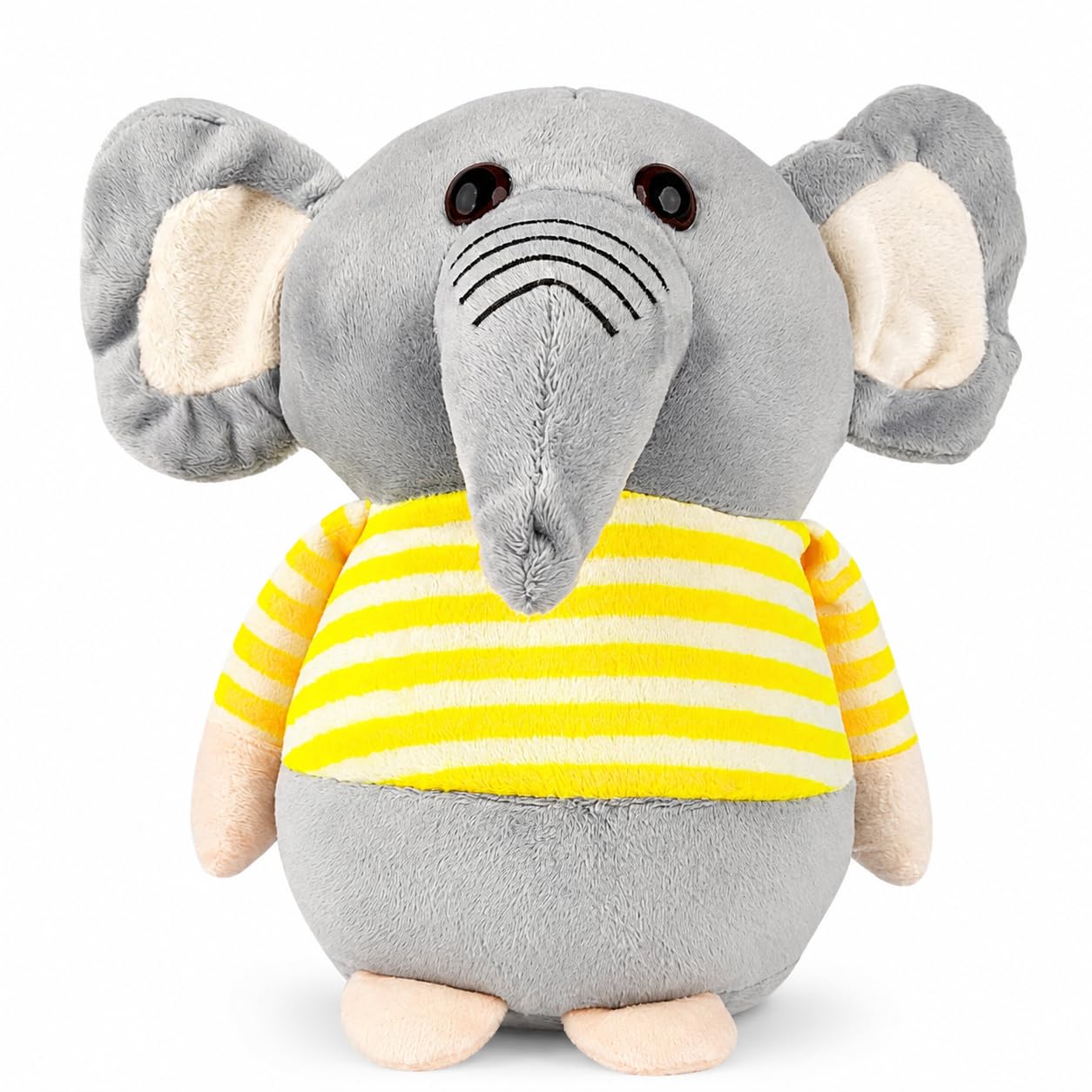 Fun4you Elephant Soft Toy – Grey Plush Stuffed Animal with Yellow Striped Shirt – Cute Cuddly Doll for Kids, Baby Girls & Boys – Birthday Gift & Room Decor – 20 cm