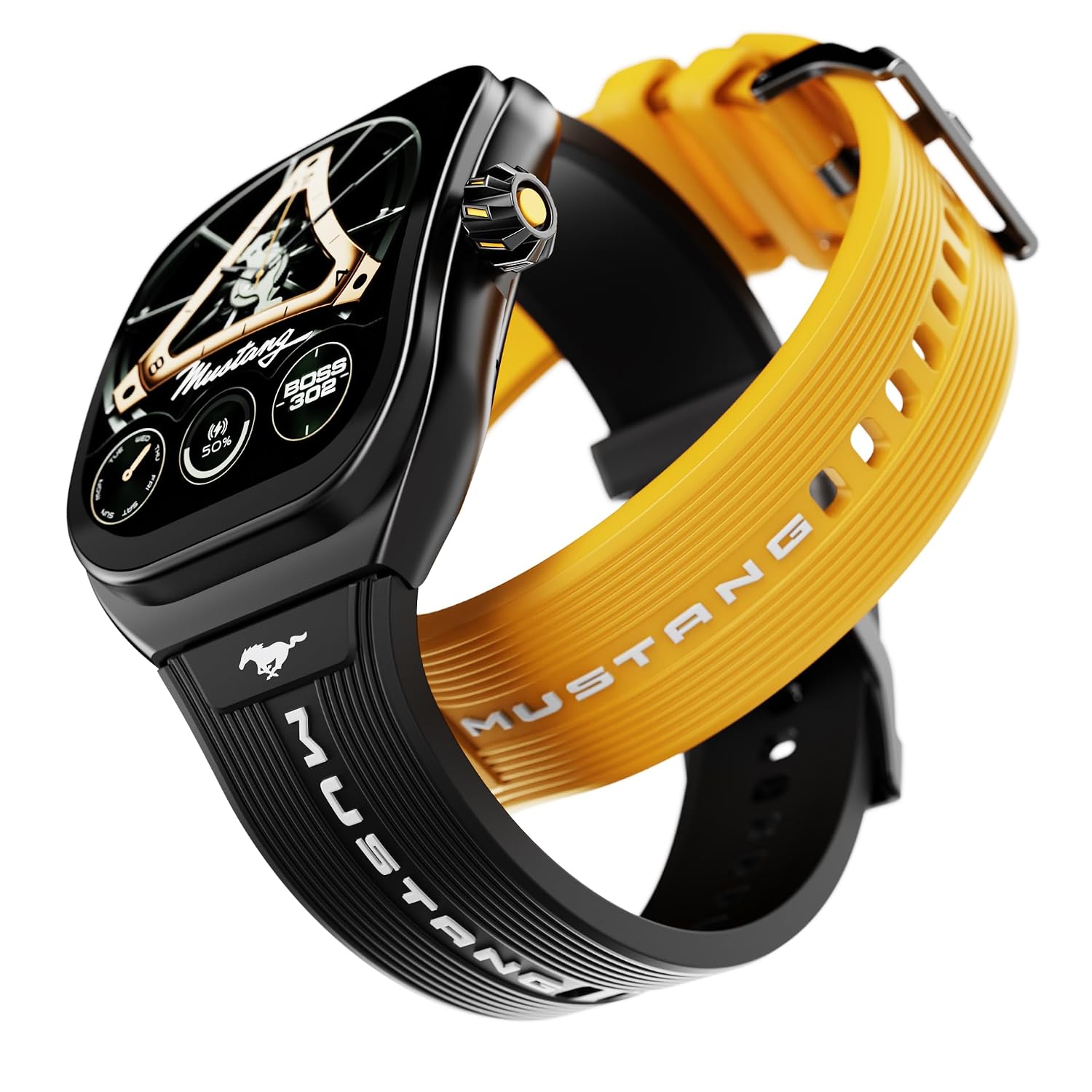 GOBOULT Mustang Muscle Smart Watch 2.01” 3D Curved Display, Convertible Strap, Premium Metallic Crown, BT Calling, 600 Nits Brightness, AI Voice Assistant, IP68 (Extra Strap, Black Eclipse)