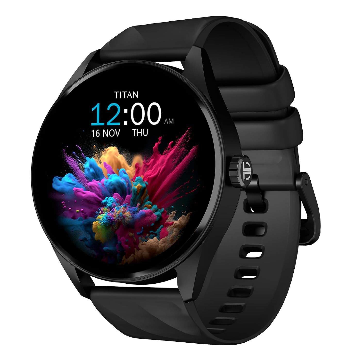 Titan Crest 1.43” AMOLED Smart Watch with BT Calling, AI Morning Briefs, Functional Crown, Health Tracking, Aluminium Body, 100+ Sports Modes, Smartwatch for Men and Women – Black Silicone Strap