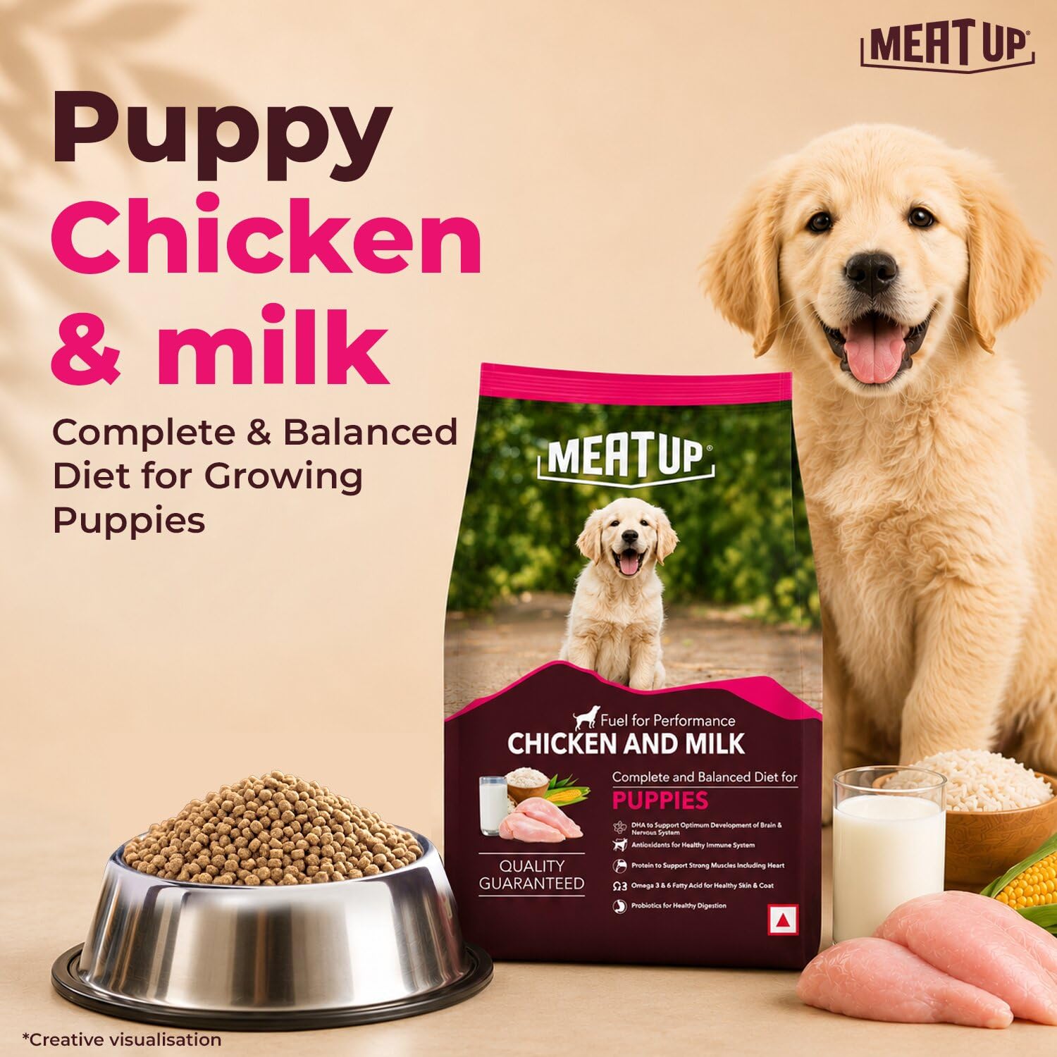 Meat Up Puppy Dry Dog Food 2.4kg Pack (1.2kg + 1.2kg) | Chicken & Milk Flavour | Supports Growth | Highly Palatable & Easily Digestible