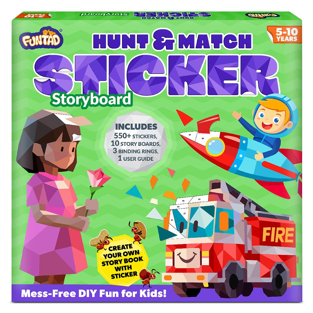 Funtad Stickers Mess-Free DIY Art Activity & Story for Kids – Hunt & Match |550+ Stickers Number Matching Story-Based Learning Toy with 10 Boards|Screen-Free Fun| Gift For Boys & Girls Age 5,6,7,8,9,10 yr