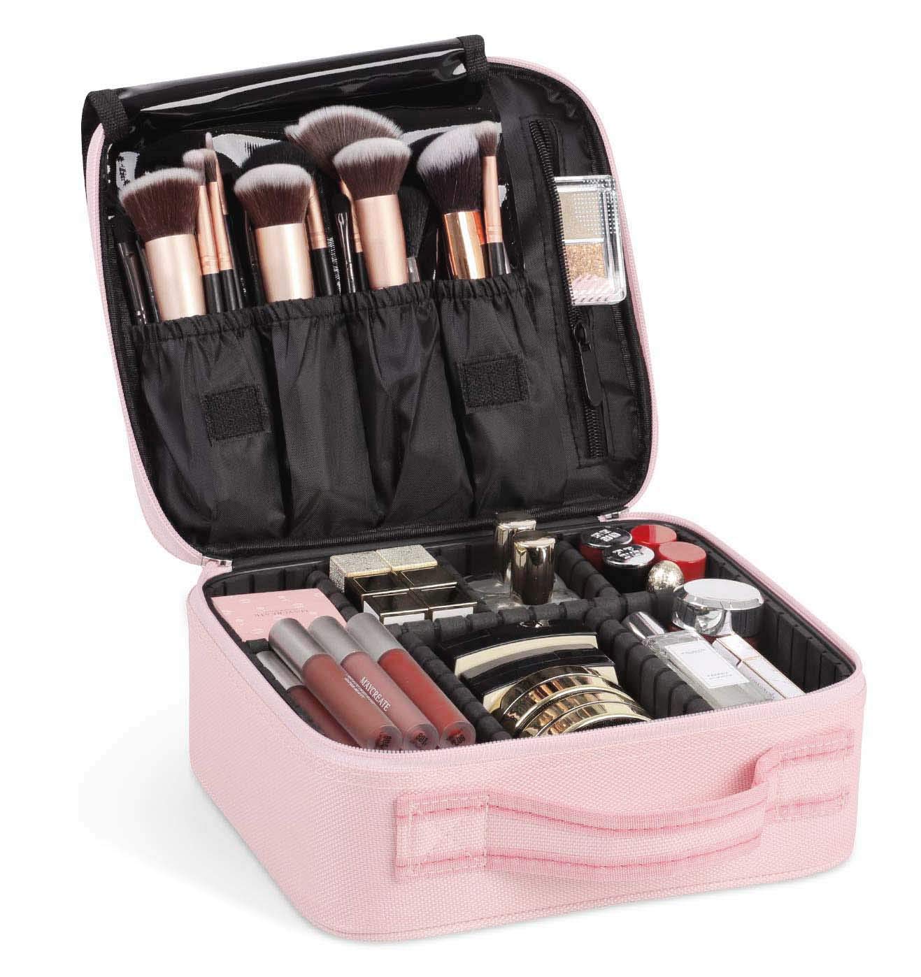 INOVERA (LABEL) Nylon Makeup Organizer Bag for Women, Girls & Bride – Travel Cosmetic Kit Storage Organiser – Toiletry Vanity Box with Adjustable Compartment, 26l x 23b x 9h cm (Rose Gold)