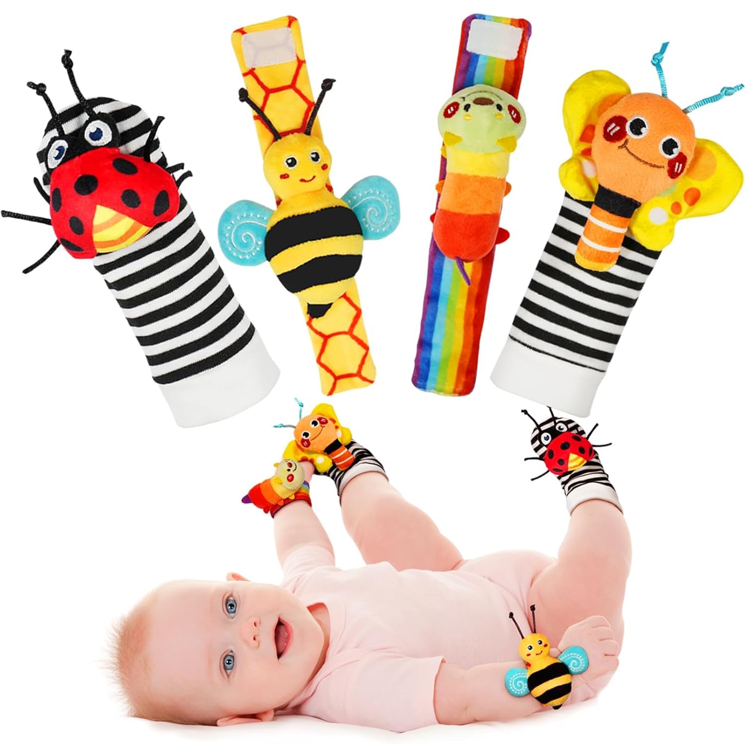 SHINETOY Baby Wrist Rattle Socks and Foot Finder Set, Perfect Baby Toys for 0-12 Months Newborn Boys and Girls As Shower Gifts, Garden Bug Series