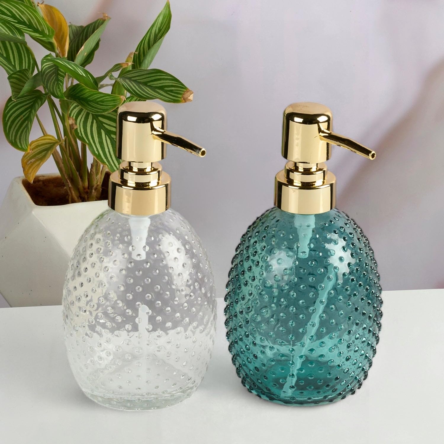 Kookee Glass Soap Dispenser Set of 2 | Refillable Pump Bottle for Bathroom & Kitchen Wash Basin | Hand Wash, Lotion Dispenser | Transparent & Green (12155)