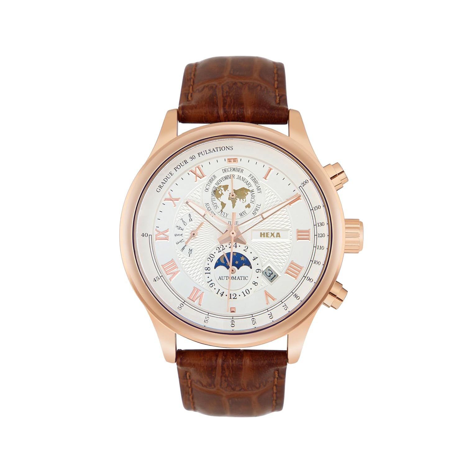 HEXA Hustler Automatic Mechanical Watch for Men | White Analog Dial | Moon Phase & World Map Sub-Dial | 45 mm Rose Gold Case | Brown Genuine Leather Strap | Mineral Glass | 3ATM Water Resistant Luxury Watch