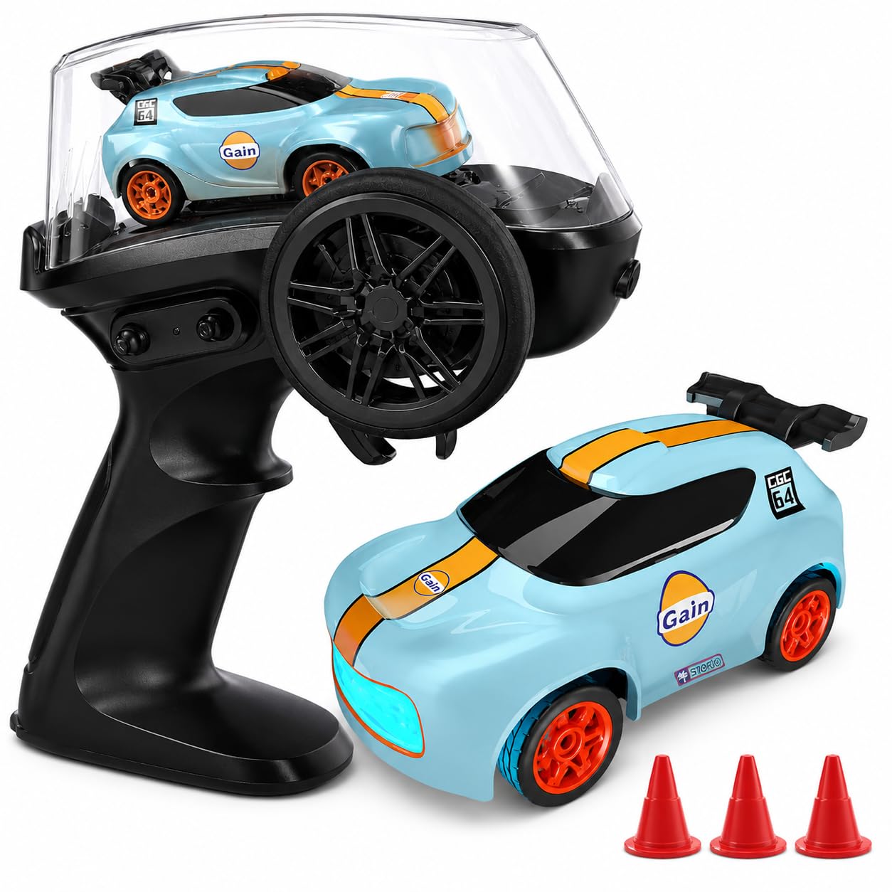 Storio Punto Mini RC Car 1:64 Scale, 2.4GHz Remote Control Car with Drift & Grip Modes, Dual Speed, LED Lights, 100m Range, Rechargeable RC Drift Car for Kids Boys Girls & Adults