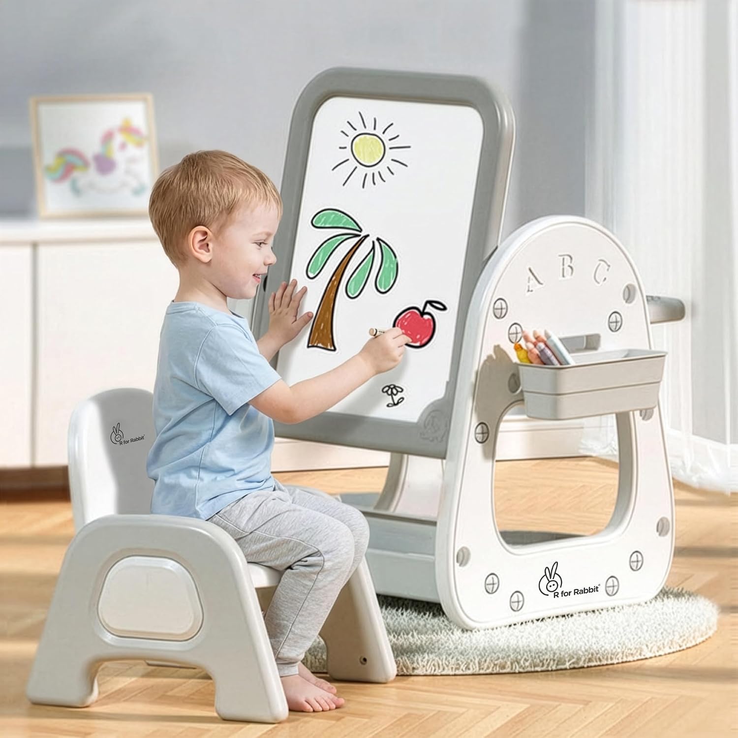 R for Rabbit Little Genius Picasso Kids Study Table Set with Chair, 3 in 1 Multipurpose Activity Table Set for 3-7 Years Kids, Upto 40kgs Weight Capacity (White Grey)