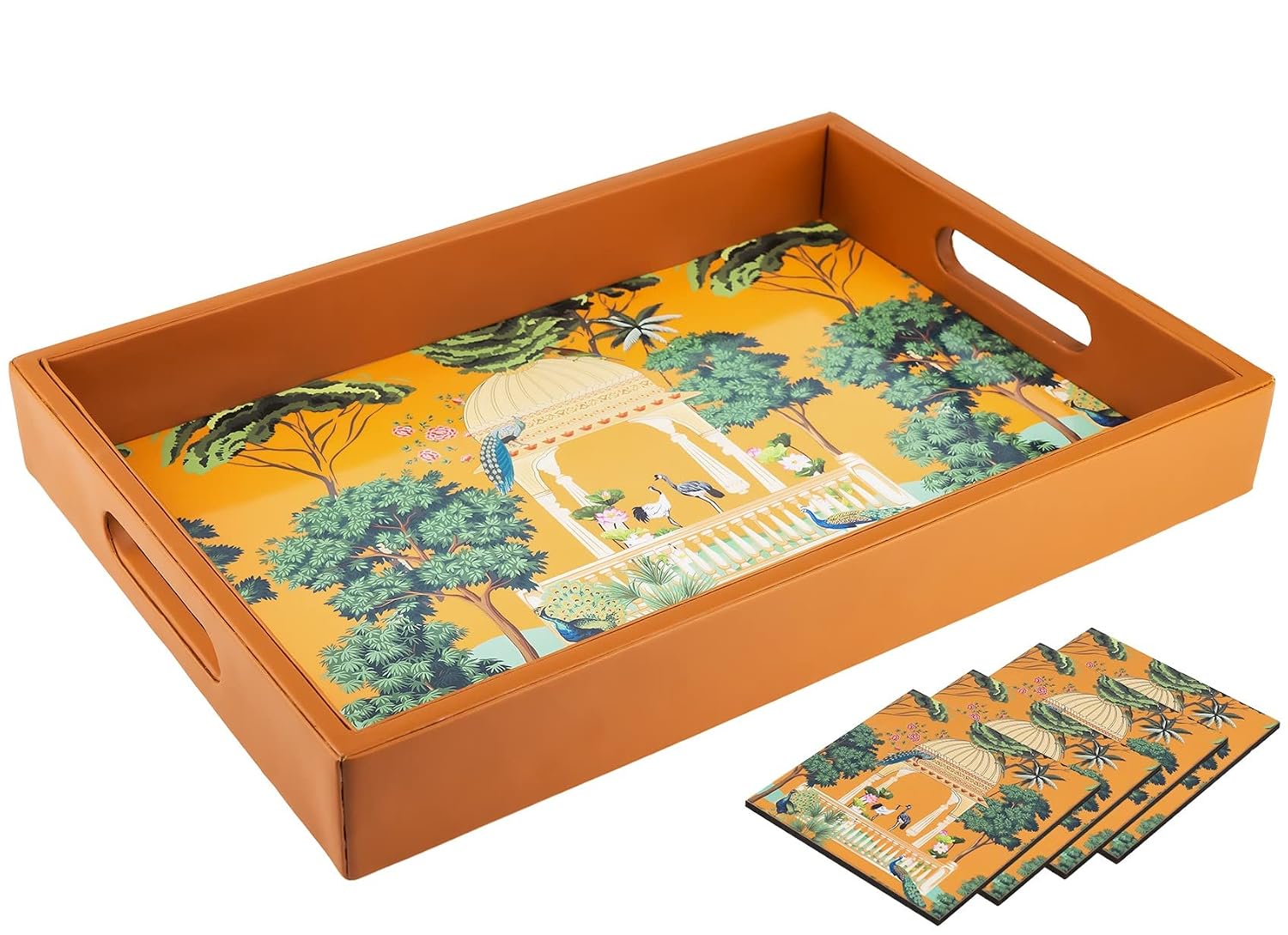 Birch & Co. Wooden Tray For Serving-Free 4 Coasters-10 Inch X 15 Inch-Serving Tray-Tray Set For Decoration-Tea Trays-Big Coffee Tray-Premium Mdf Trey-Wooden Serving Trays-Resin Tray,Rectangular