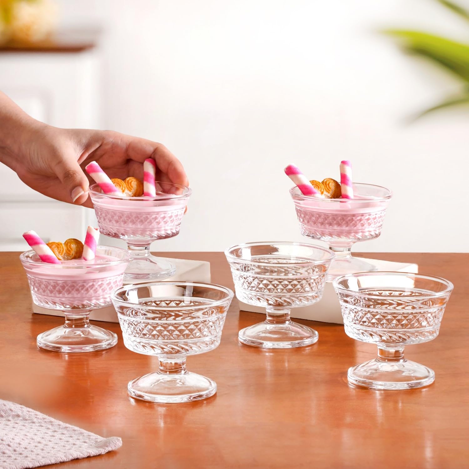 Nestasia Transparent Glass Bowl Set of 6 for Ice Cream (120ml Each) – Diamond Textured Dessert Bowls for Sundae, Sweets & Pudding | Food Safe & Heat Resistant – Perfect for Gifting