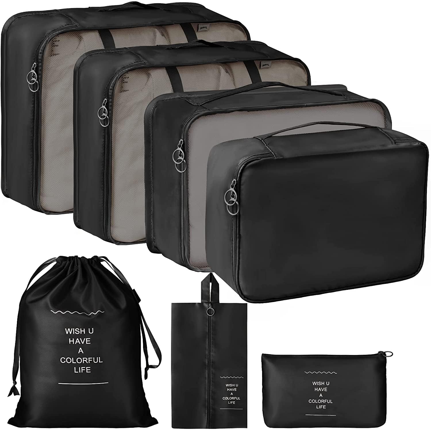 TS WITH TECHSUN Travel Organizer 7 in 1 Travel Laundry Cosmetics Luggage Packing Organizers Set Makeup Bags Organizer Packing Cubes with Shoe Bag for Travel, Nylon (Black)