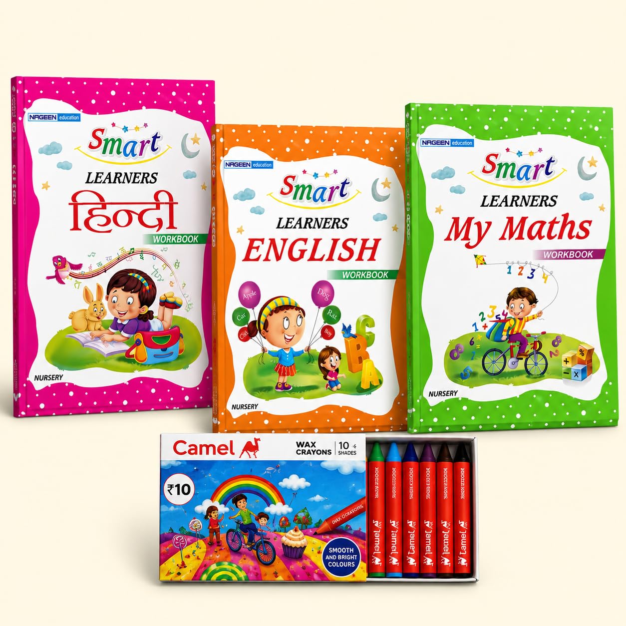 Smart Learners All-in-One Pre-Nursery Combo (3 Books) | Hindi, English & Maths Early Learning Workbook for Kids | Alphabet, Numbers, Reading, Writing … | 2 3 4 5 6 Years with wax crayons colours