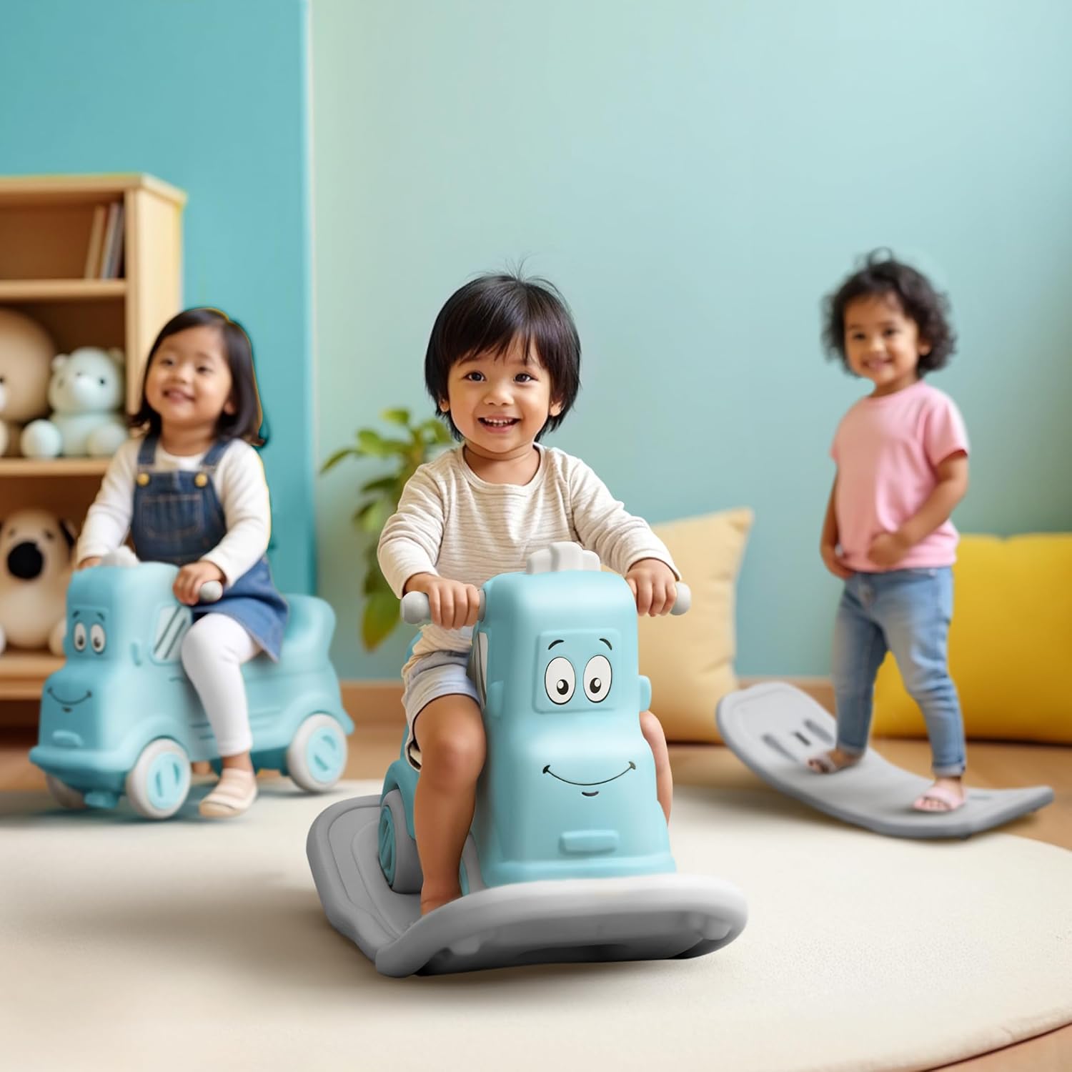 Happy Bear 3-in-1 Rock n Roll Ride-On | Push Car for 1 – 5 Years | Rocking Horse for Toddlers | Balance Board | Safe, Sturdy & Fun Indoor Toy (Blue, Rock & Roll)