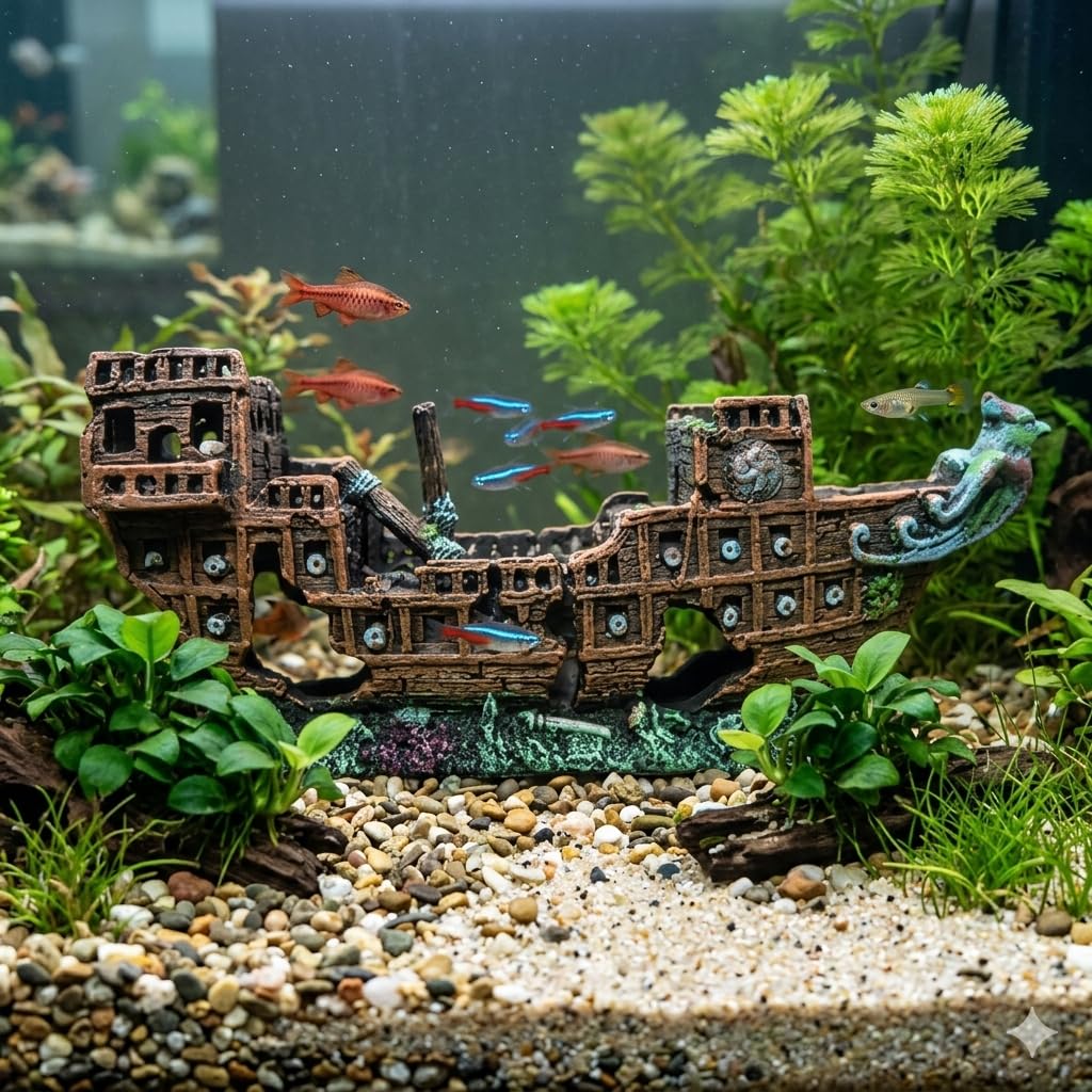 Aquarium Sunken Ship Decoration Ornaments, Underwater Landscape for Natural Looking in Fish tenk Accessories