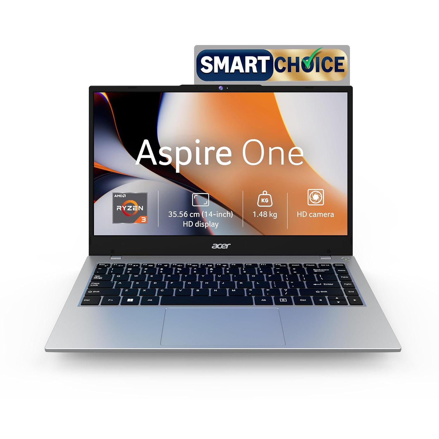 Acer Smartchoice Aspire One, AMD Ryzen 3-7320U, 8GB LPDDR5 RAM/ 512GB SSD, 14.0″/35.56cm TN HD Display, Win 11 Home, Pure Silver, 1.48KG, A114-43, Thin and Light Laptop