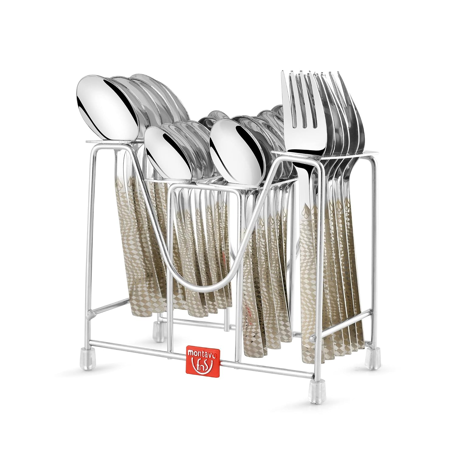 Montavo by FnS Lush 24 Pieces Premium Stainless Steel Cutlery Set with Stand | 6 Pieces Each Dinner Spoons, Dinner Forks, Tea Spoons & Baby Spoons | Flatware for Home, Kitchen & Dining