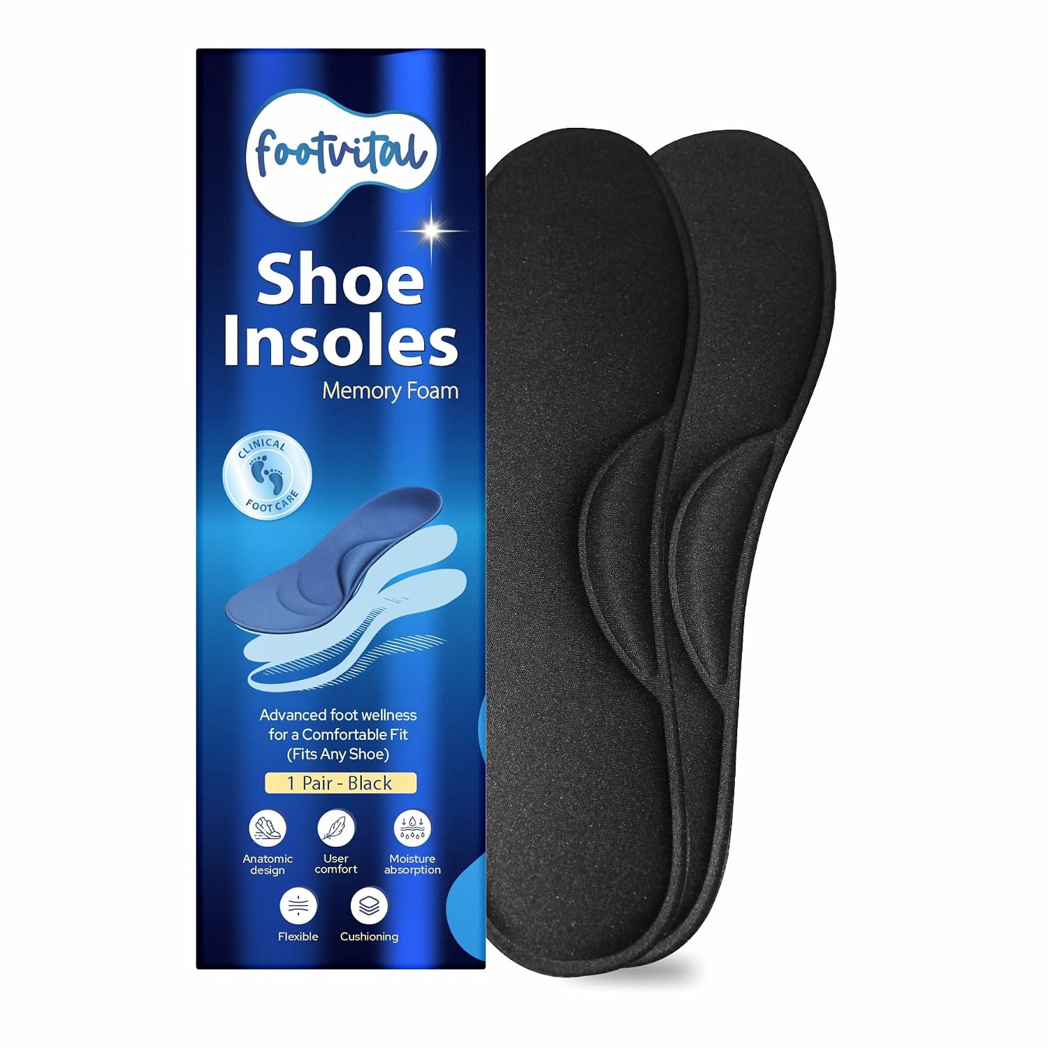 Footvital Memory Foam Shoe Insoles for Men and Women | Soft Cushioned Inserts for Long Standing and Walking | Supports Heel and Arch | Shock Absorbing | Moisture Absorbing | Lightweight Washable Insoles for All Shoes | 1 Pair | Black | Size 8