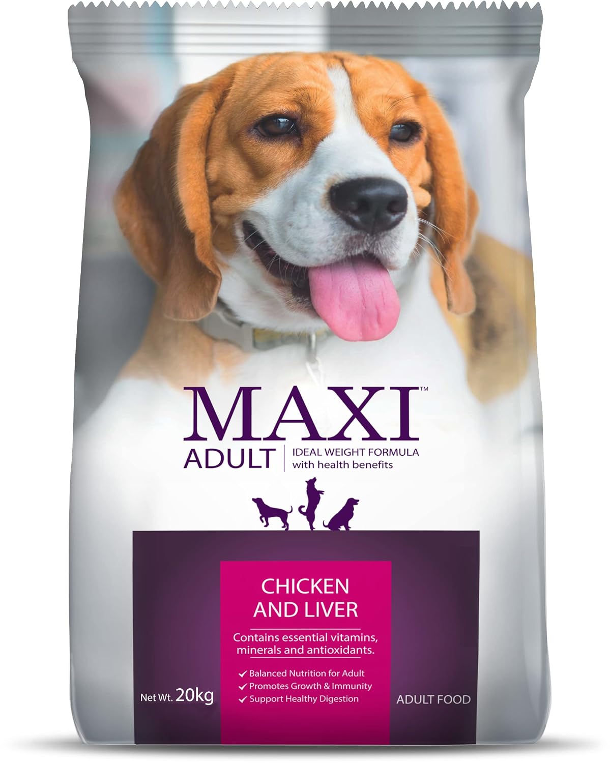 Maxi Adult Dry Dog Food 20 kg Pack | Chicken and Liver Flavour | Promotes Growth & Immunity | Balanced Nutrition | Antioxidants
