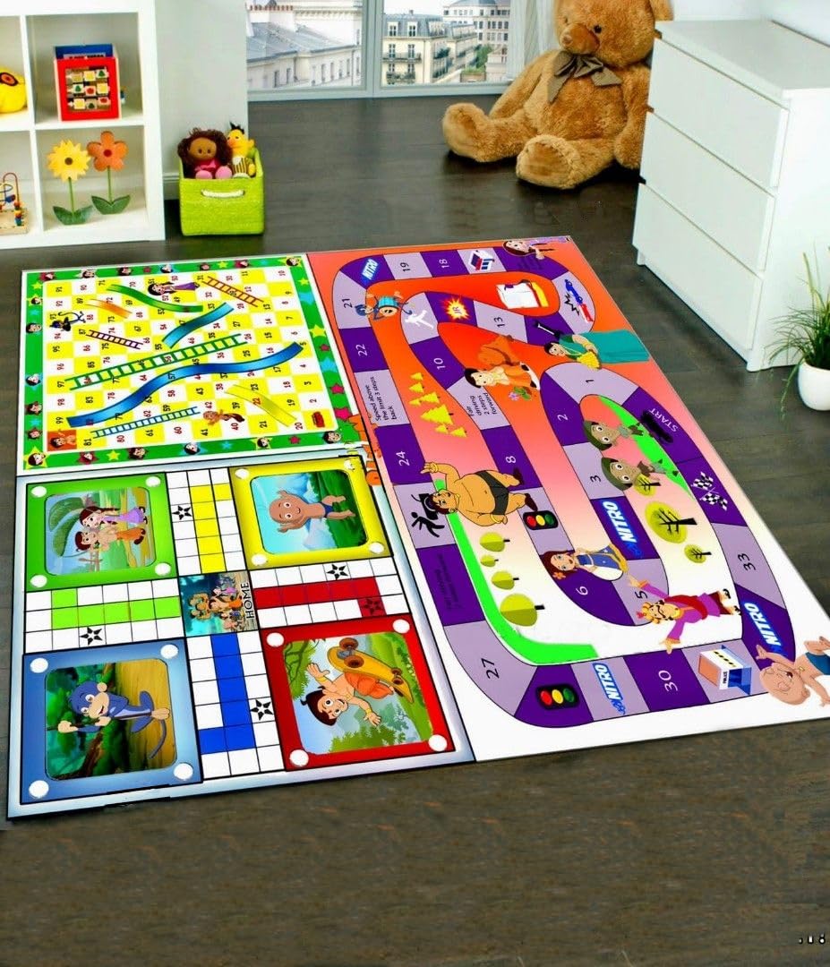 MUREN® Jumbo 3 in 1 Ludo, Snake & Ladder Big Size Reversible Kids Play Mat 54 X 54 Inches with 5 X 5 Inch Dice & Tokens, Anti-Skid Jumbo Family Fun Outdoor/Indoor Activity (Choota Bheem)