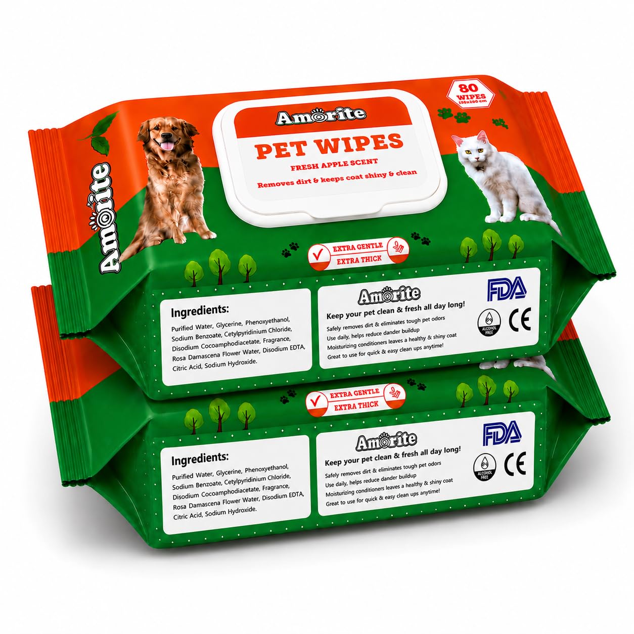 Anti-Bacterial 160 Count Pet Wipes with Fresh Apple Scent for Dogs, Puppies & Pets (Pack of 2) Suitable for All Types of Pets’ Dry Bathing, Daily Care, Paw Cleaning Wipes