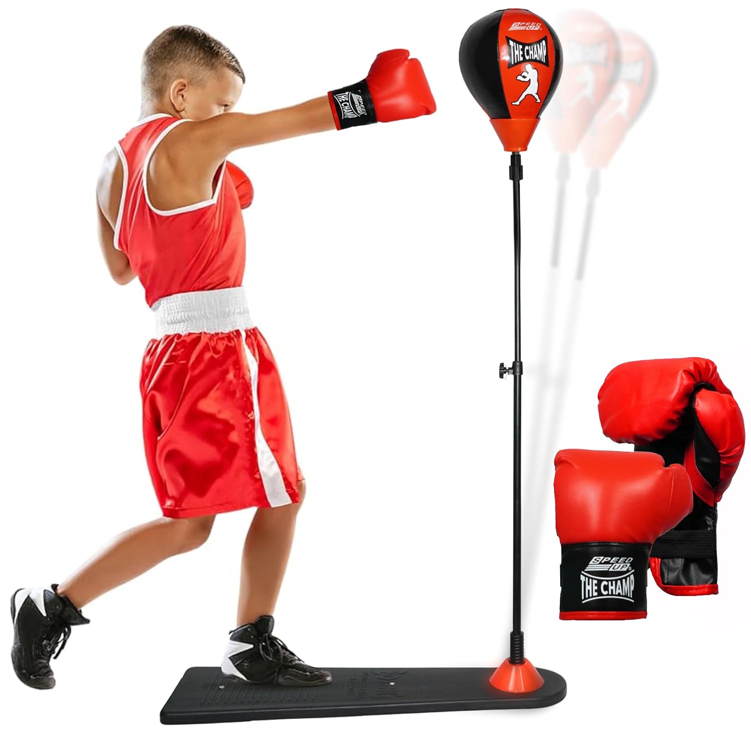 SPEED UP The Champ Boxing Kit/Punch Stand Set for Kids (3-15 Years Age) with Boxing Speed Ball, Punching Gloves & Pump, Adjustable Standing Boxing Kit for Practice & Traning