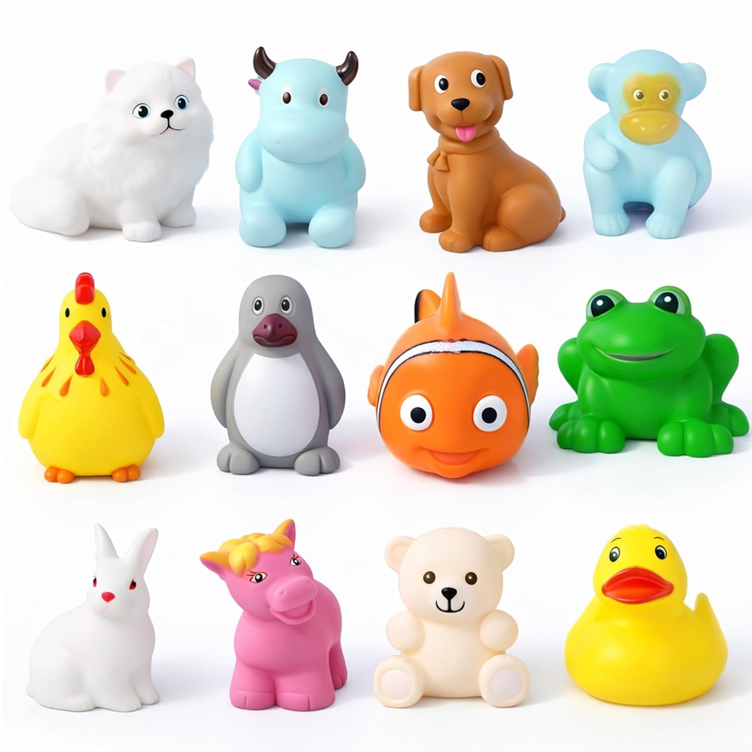 Toyshine 12 Pc Floating Non Toxic BPA Free Animal Bath Toys Chu Chu Sound Swimming Pool Shower Squeezy Toys for 1 2 3 4 Year Old Boys Girls Kids