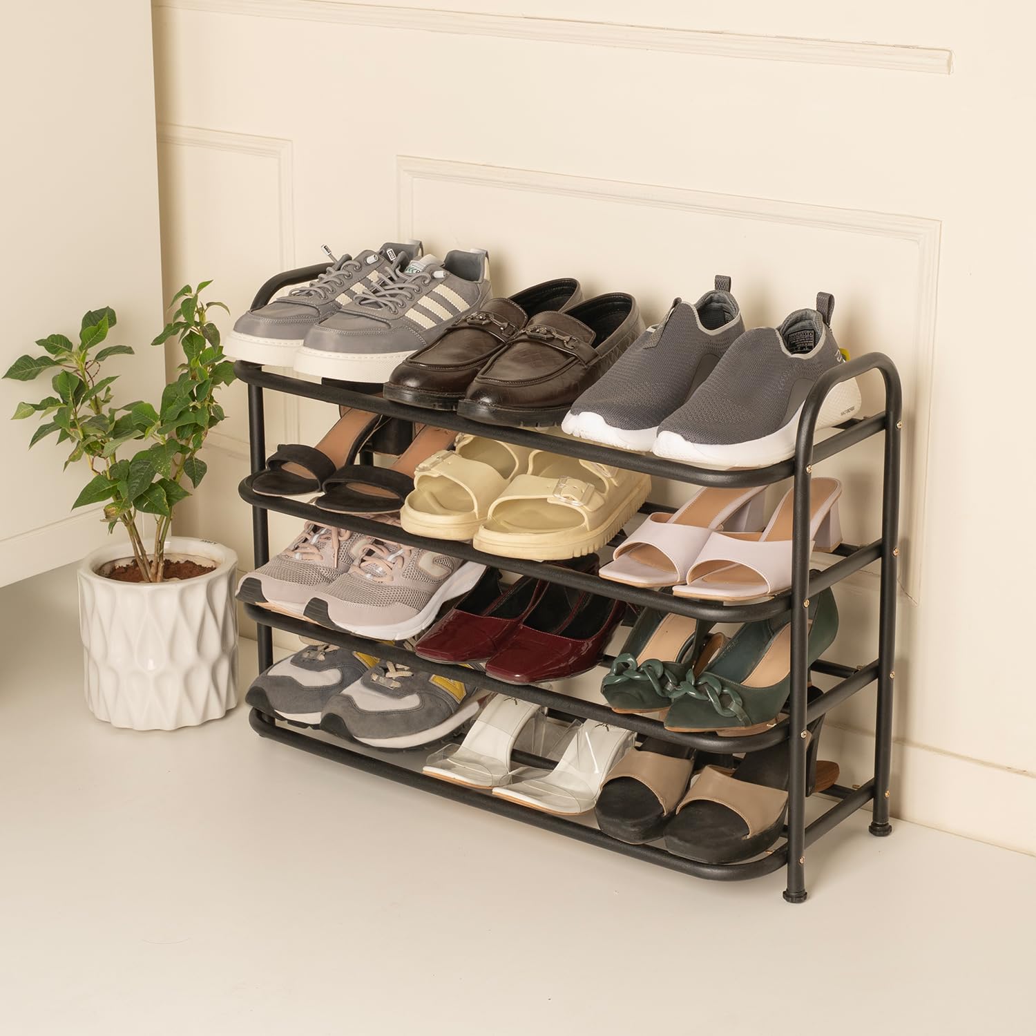 amazon basics -Multi Purpose Shoe Rack – Curve Model – 4 Layer (69.5W Cm X 28.5D X 51.7H) Black, Carbon Steel