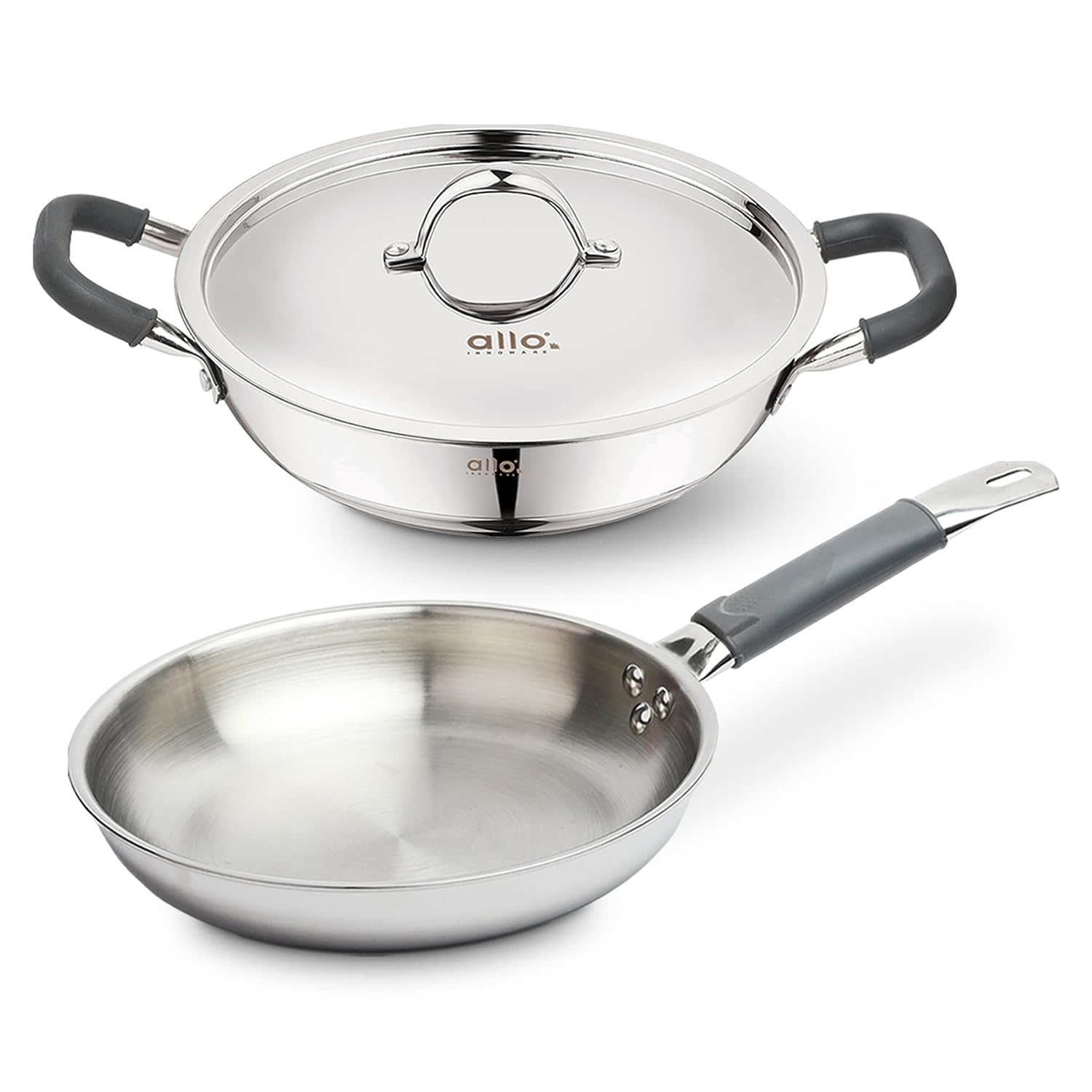Allo Stainless Steel Triply Cookware Set | Kadai with Lid (20 Cm/1.5 L)+ Fry Pan (20 Cm/1 L) | Perfect Cooking Combo for Curry/Stir-Fry/Deep-Fry/DryVeg/Sauta Induction Friendly Set of 3Pcs | Nonstick