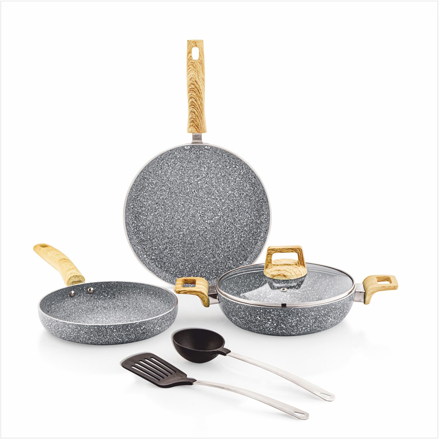 Amazon Basics Granite Finish Non Stick 5 Pcs Induction Base Cookware Set-Granito Grey (24cm Fry Pan, 24 cm Kadai, 28cm Tawa and 2 Nylon Spatulas)