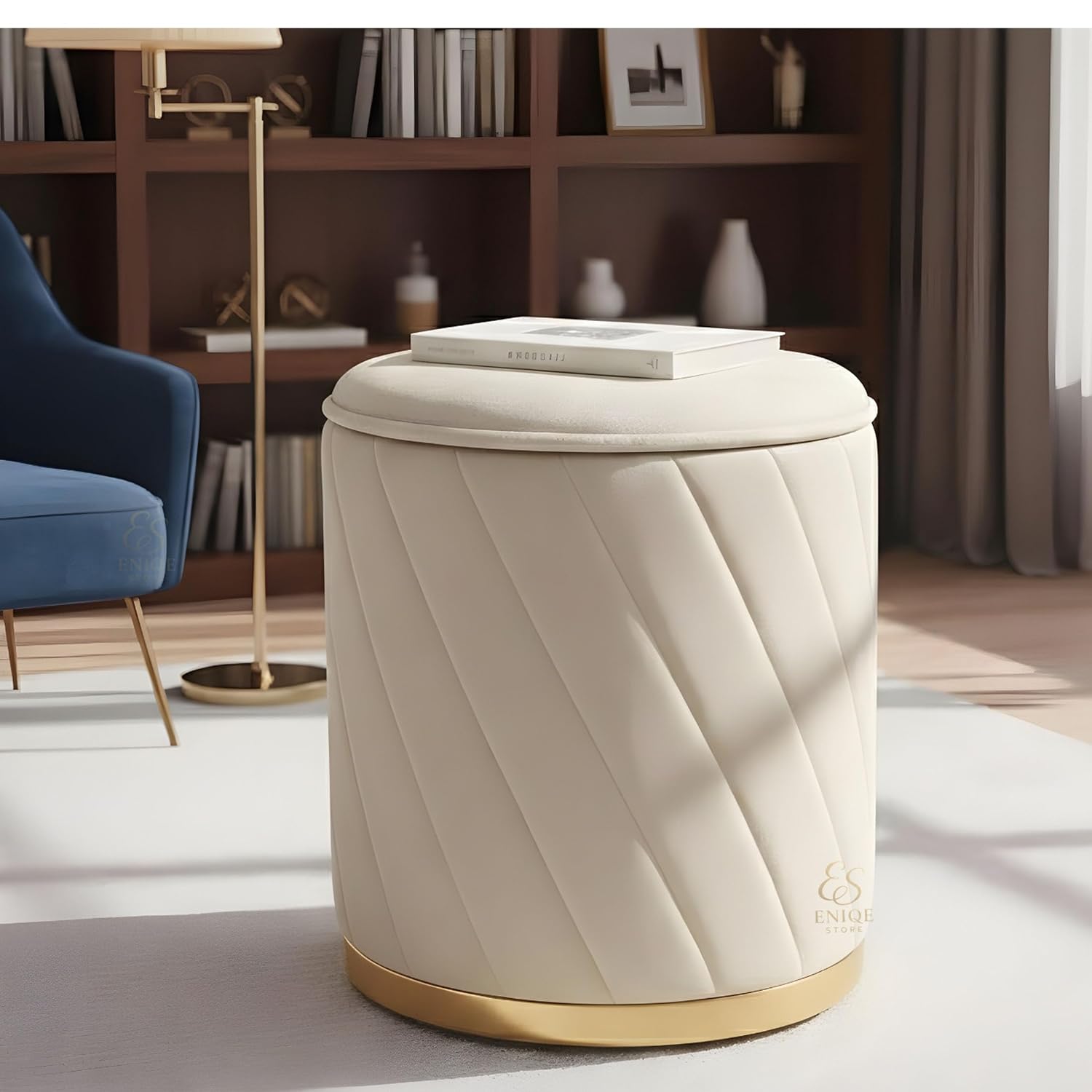 Luxury Round Velvet Ottoman Stool with Gold Base – Modern Upholstered Footrest Pouffe, Tufted Vanity Seat, Living Room Bedroom Dressing Stool (Cream-L)