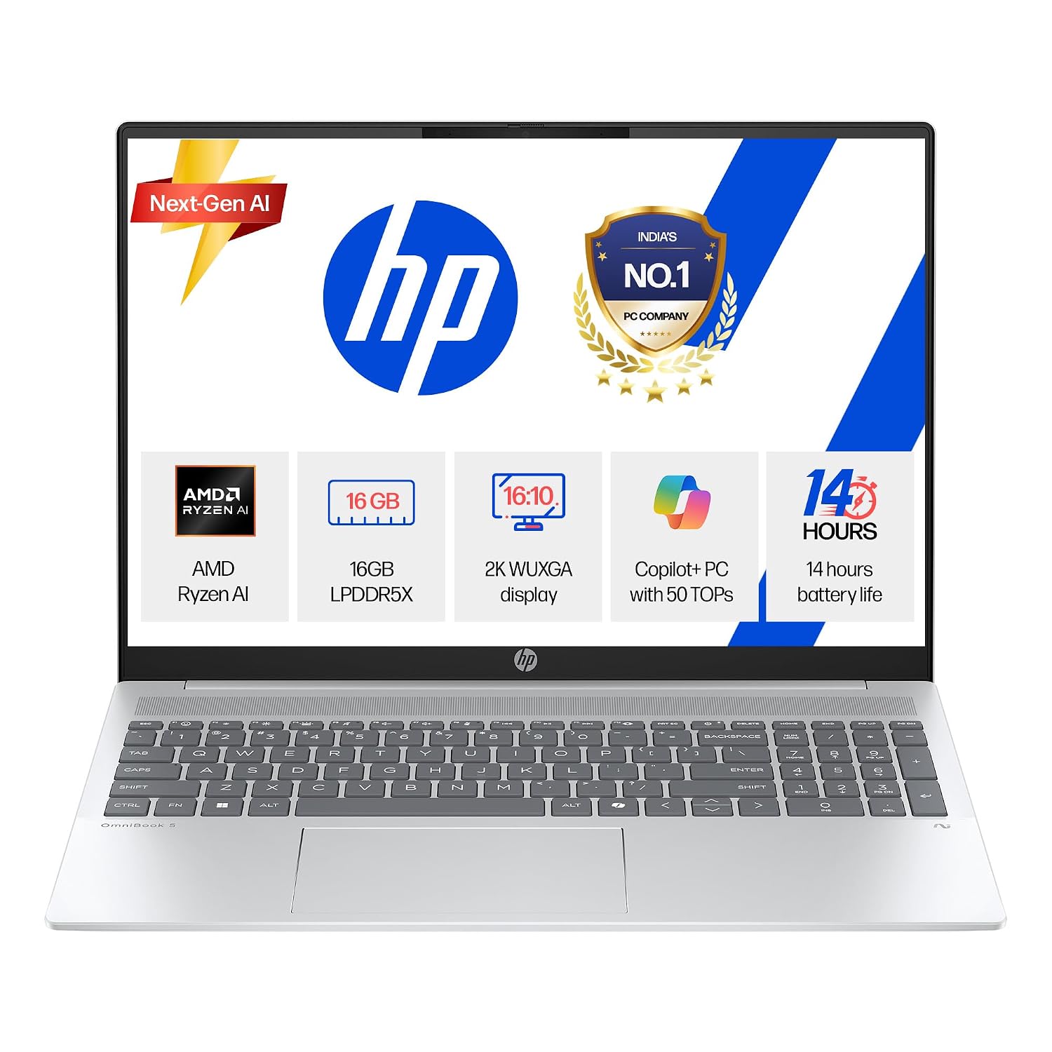 HP Smartchoice OmniBook 5 (Previously Pavilion) 50 Tops, AMD Ryzen AI 5 340 (16GB LPDDR5X, 512GB SSD) WUXGA 2K, 16”/40.6cm, Win11, Office24, Silver, 1.79kg, ag1037au, Type-C Charging, AI Laptop